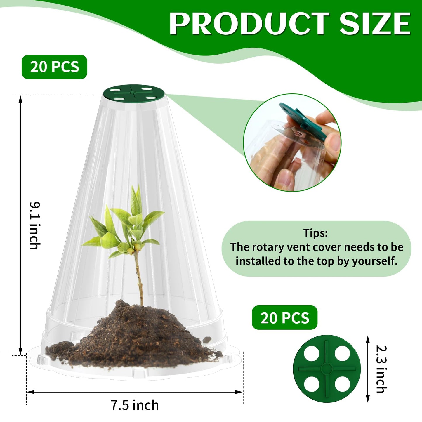Garden Cloches for Plants, Garden Cloche with Rotary Vent, Reusable Bell Plant Covers, Plant Cloche Protectors from Animals Snails Birds Chickens, 7.9" H X 6.7" D (Transparent-20PCS)