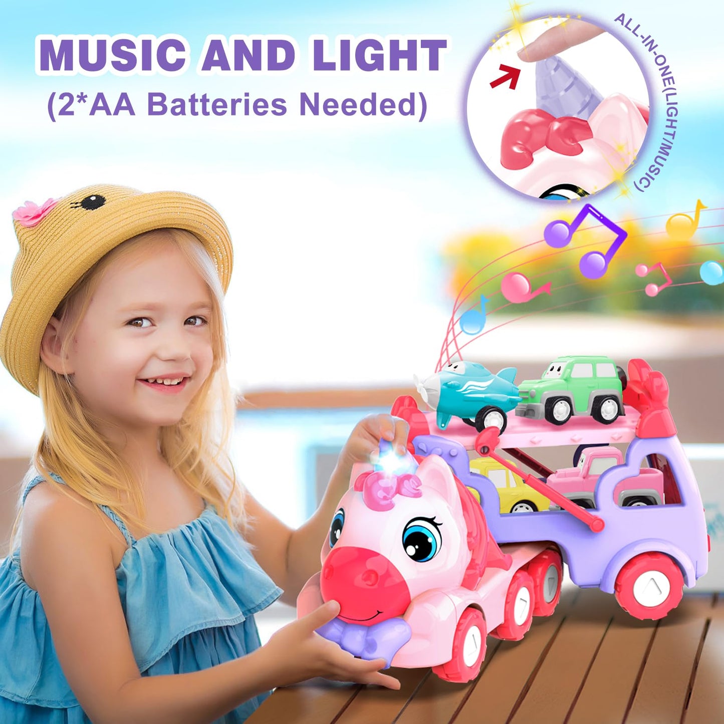 Toys for 1 2 3 Year Old Girl, 5-in-1 Unicorn Carrier Truck Toy Cars with Light & Sound,Girl Toddler Toys Age 2-4, 1 2 3 Year Old Girls Birthday Gifts