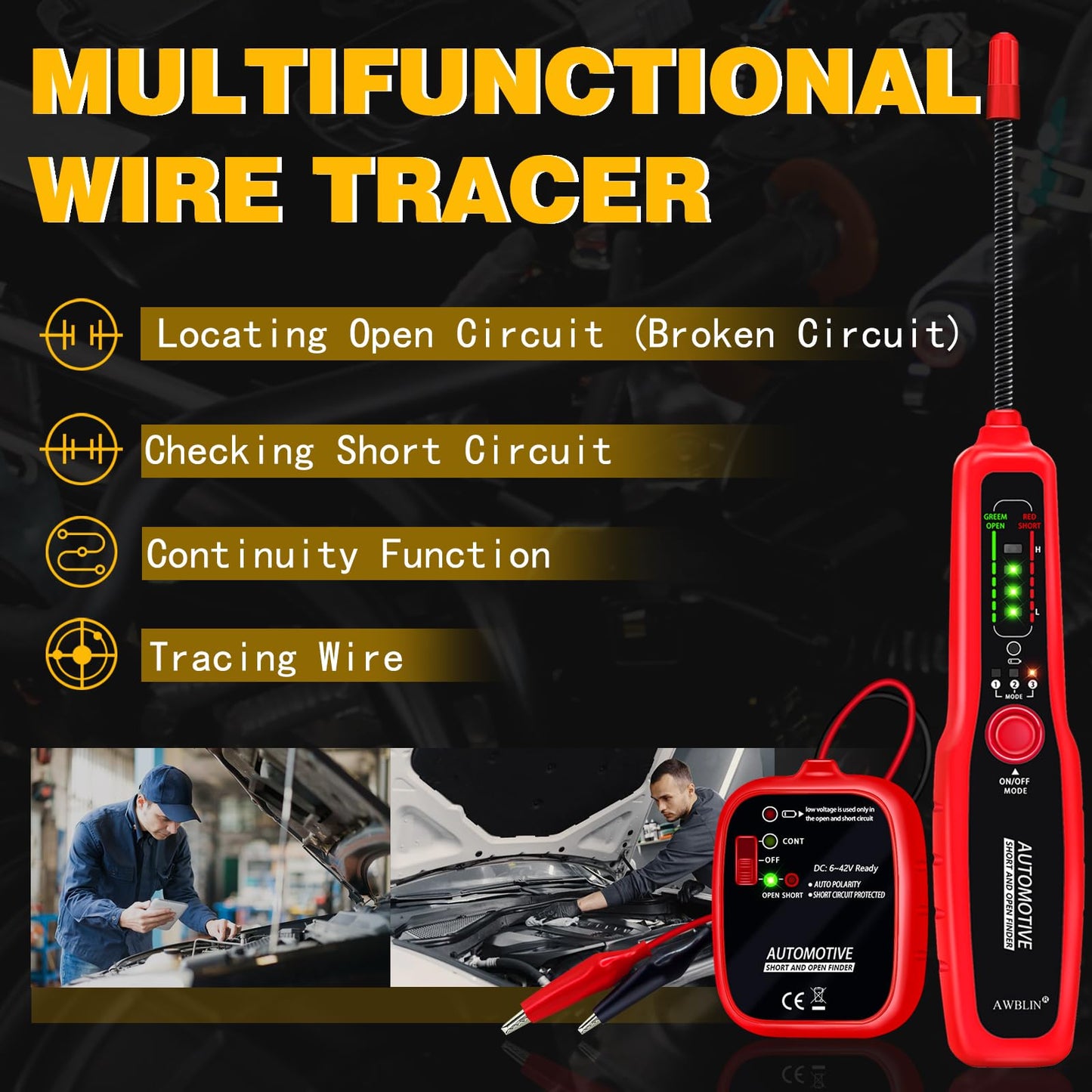 AWBLIN Wire Tracer Automotive Electrical Open & Short Finder Circuit Tester Wire Breaker Finder Fault Probe Cable Tracker Electrical DC 6-42V