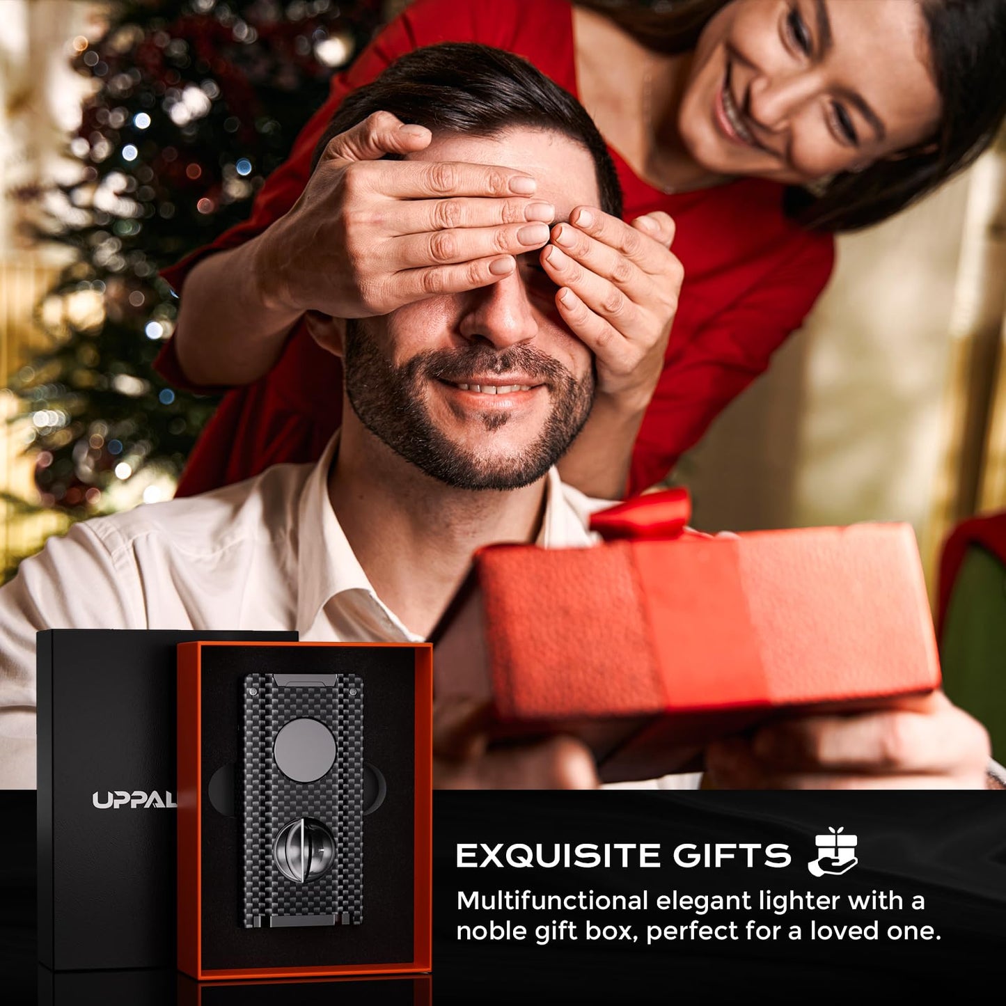 5-in-one Cigar Lighter with V-Cut Cigar Cutter, Cigar Punch, Cigar Draw Enhancer, Cigar Holder, Refillable Butane Triple Windproof Flames Torch Lighter, Cigar Accessories Tool, Cigar Gifts for Men