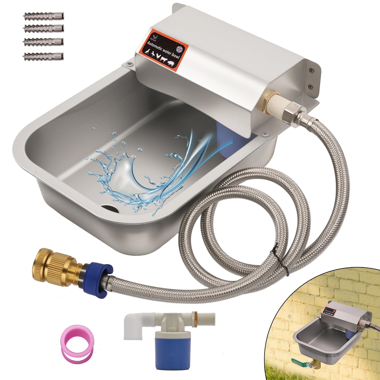 Boajf Automatic Dog Water Bowl, with Drainage System, Stainless Steel Auto Pet Waterer for Outdoor Yard, Includes Drain Valve, Float Valve, Hose Quick Connector, for Small Animal (1 Quart)