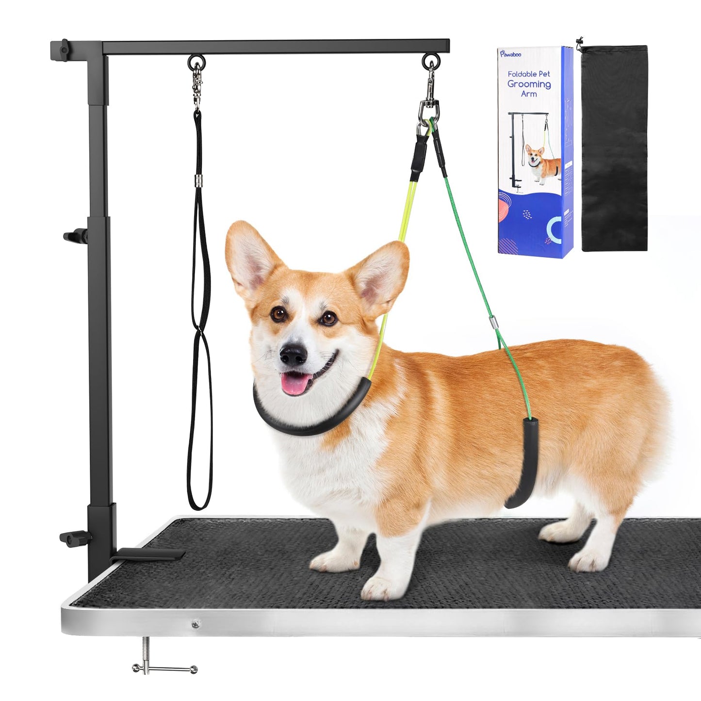 Pawaboo Dog Grooming Table Arm With Clamp, 35" Stand and Free Two No Sit Haunch Holder With Loop, Foldable for Small Medium Pet, Groomer Partner