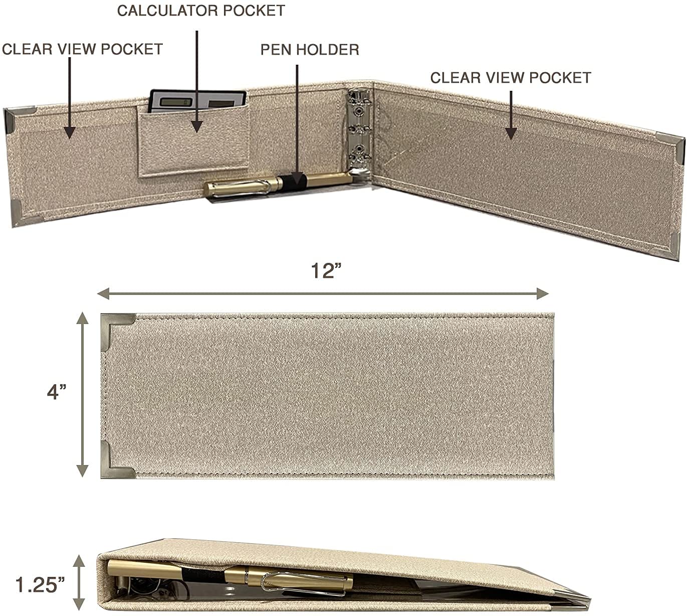 Performore12 X4 1UP Premium Business Cheque Book Binder, Includes Pen and Calculator, Light Tan Fabric 3/4" Round Ring 60 Check Capacity, 1 Inner Fabric Pocket and Clear Pocket on Both Covers 2 Pack