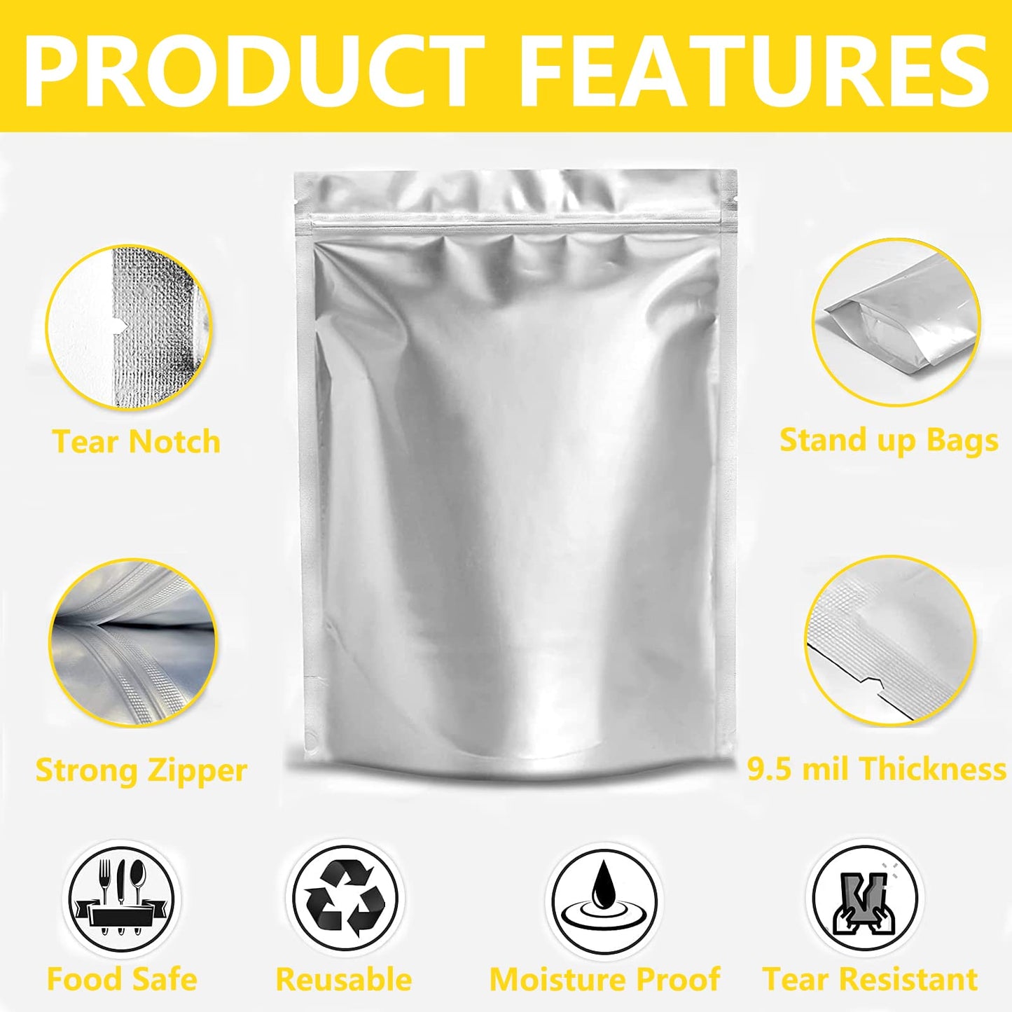 Durimoiy 50 Mylar Bags for Food Storage 1 Gallon-9.5 Mil Thicker Long Term & Food Grade - 10x14 Stand-up Zipper Resealable Heat Sealable for Airtight Smell Proof Packaging