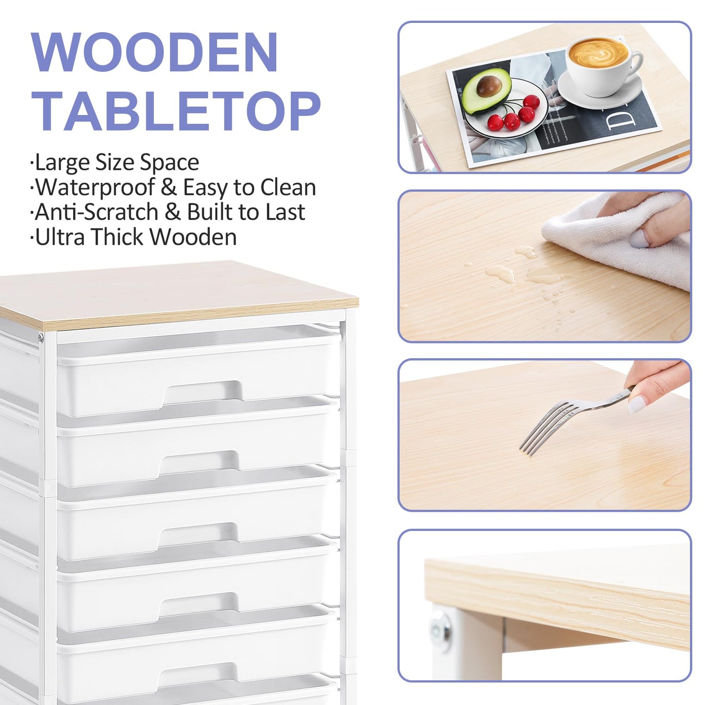 SYKIARIOL Utility Cart with 8 Drawer,Rolling Storage Cart with Wooden Tabletop and Lockable Wheels,Storage Drawer Cart with Large Capacity, 8 Tiers Drawer Cart for Home Office,Nature White