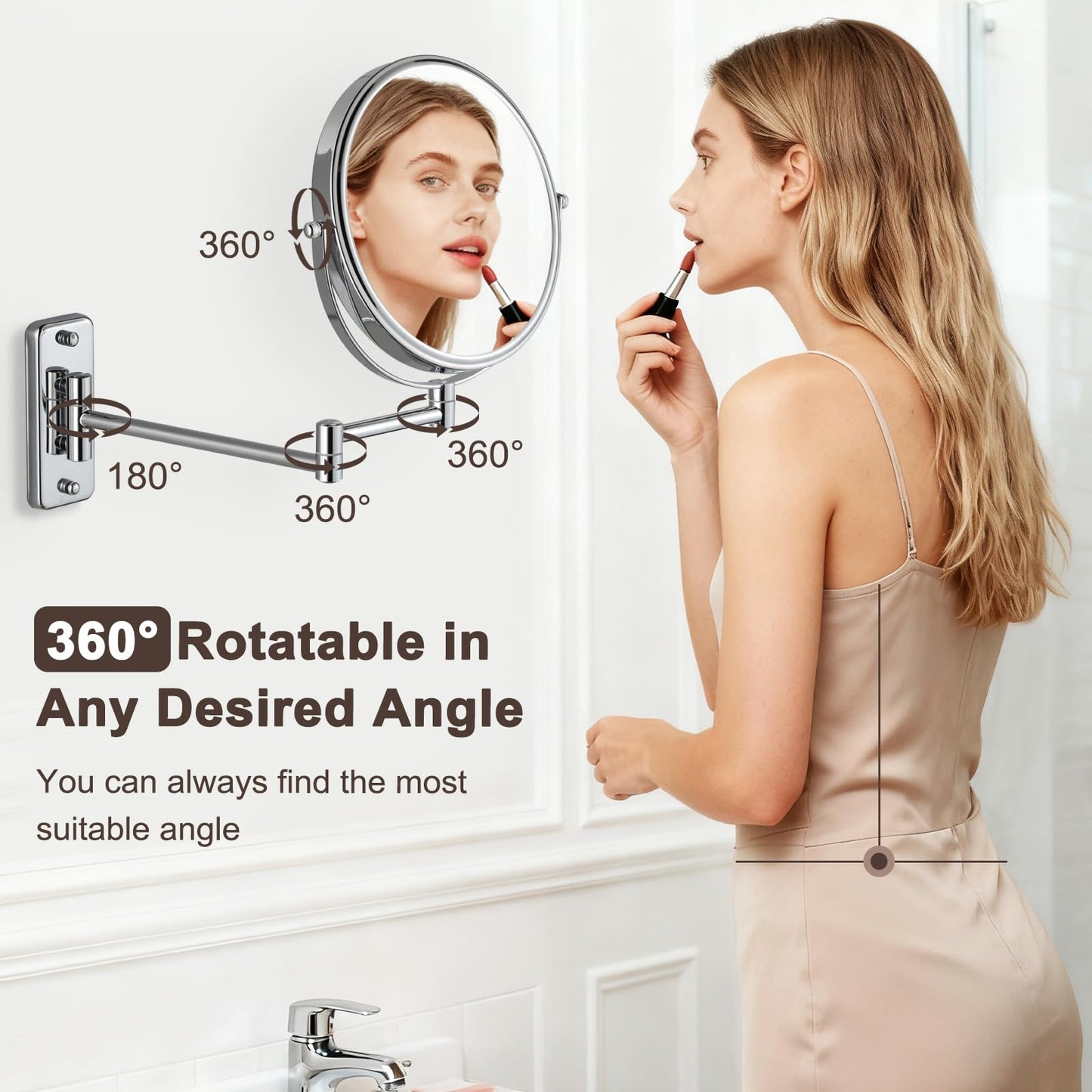 Wall Mounted Makeup Mirror, 10X Magnification 8 Inch Double Sided Swivel Extendable Bathroom Mirror, Chrome DECLUTTR
