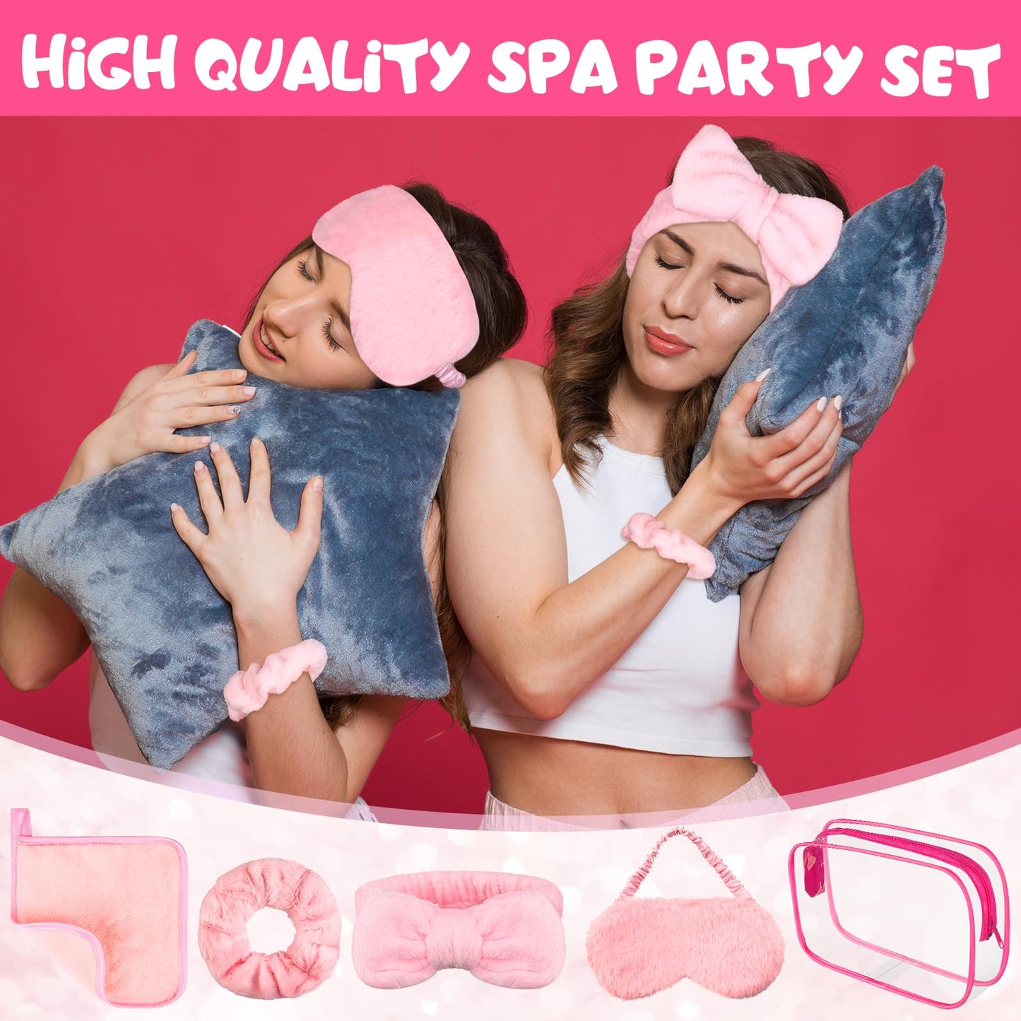 30 Pcs Spa Sleepover Party Supplies 6 Bow Makeup Headband 6 Plush Sleep Eye Mask 6 Velvet Scrunchies 6 Makeup Remover Cloth 6 Clear Cosmetic Bags for Women Slumber Party Favors, Pink, Cute