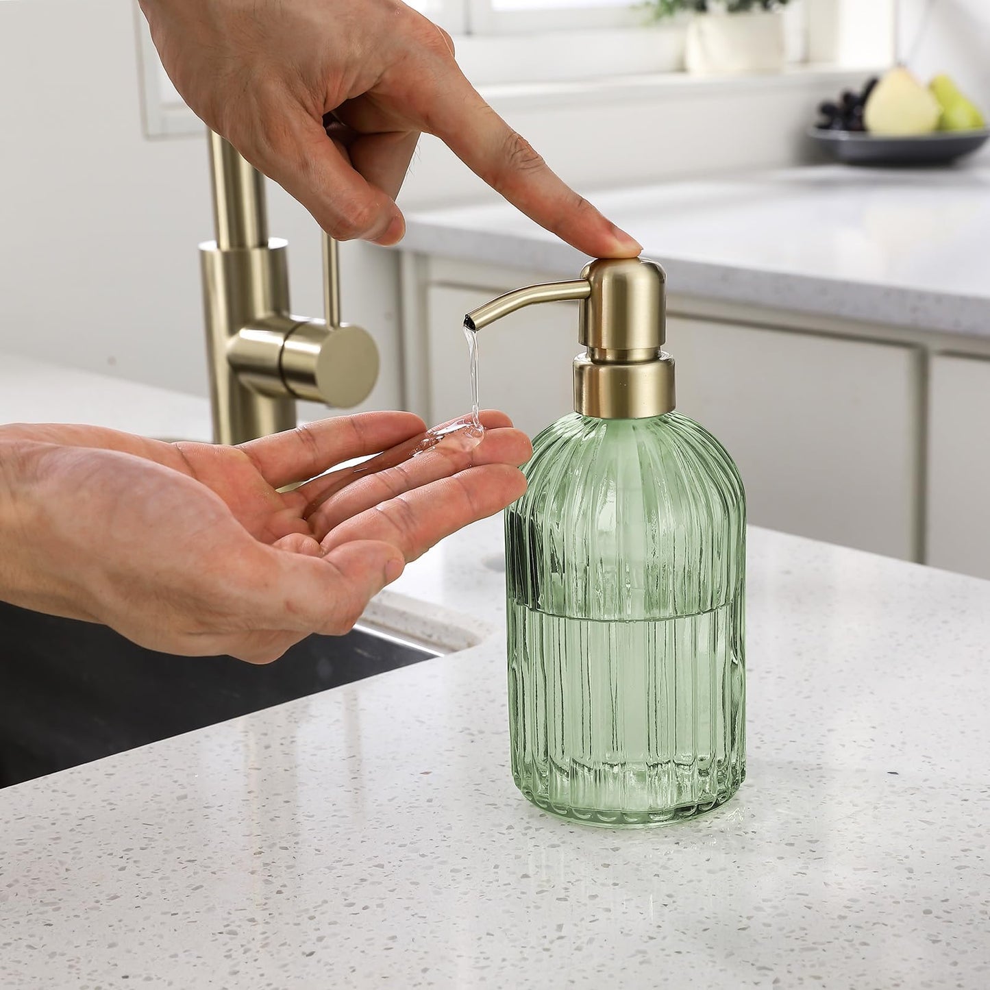 16Oz Green Glass Soap Dispenser with Rust Proof Stainless Steel Pump, Green Stripe Bathroom Hand Dish Lotion Dispensers with Brushed Gold Pump,Brushed Gold Glass Soap Dispenser2 Packs