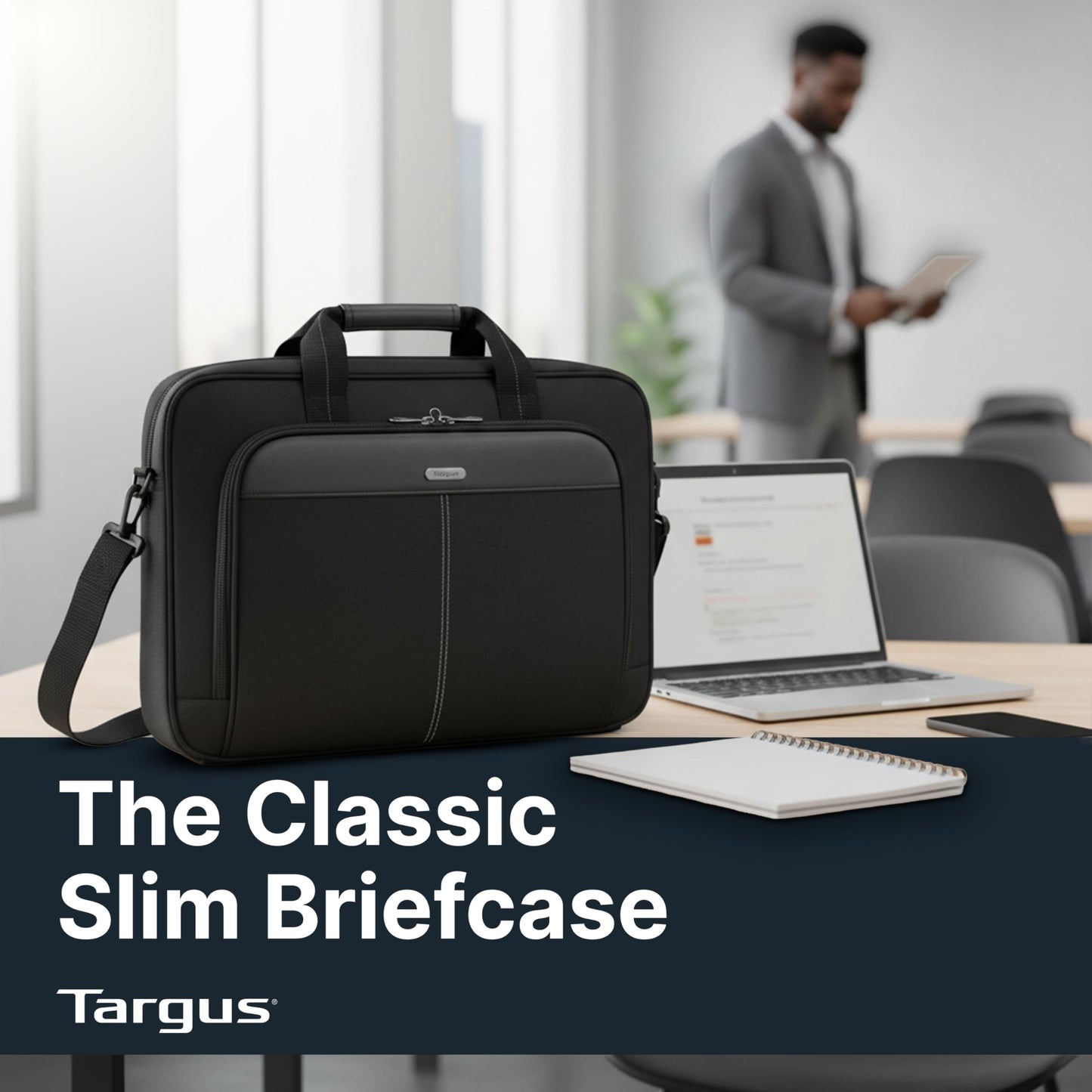 Targus 15–16” Classic Slim Briefcase – Lightweight Laptop Bag with Padded Compartment, Trolley Strap, Organizer Pocket & Shoulder Strap – Fits up to 16” Laptops - TCT027US