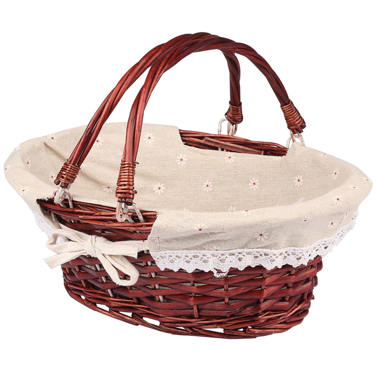 GNIEMCKIN Multipurpose Wicker Basket with Handle, Wicker Picnic Basket with Liner, Empty Gift Basket, Oval Willow Woven Basket for Fruit, Candy, Wine, Gathering, Wedding, Picnic, 14.2 x 11 x 6.7 In