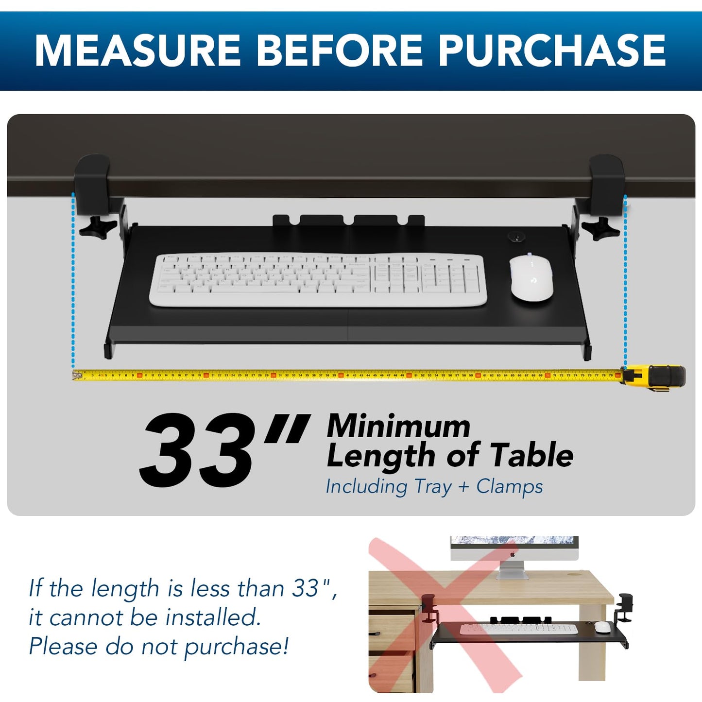 Keyboard Tray Under Desk Pull Out with Extra Sturdy C Clamp Mount System, 27 (33 Including Clamps) x 11 Inch Slide-Out Platform Computer Drawer for Typing