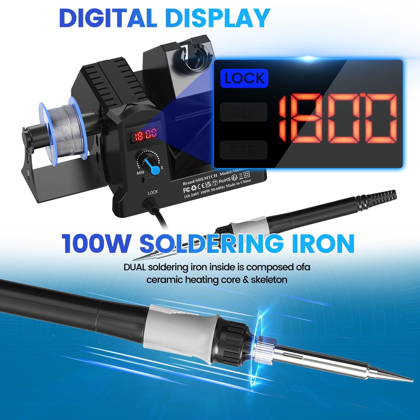 100W Soldering Station Digital Display Soldering Iron Kit 12-in-1 Adjustable Temperature 180°C to 480°C