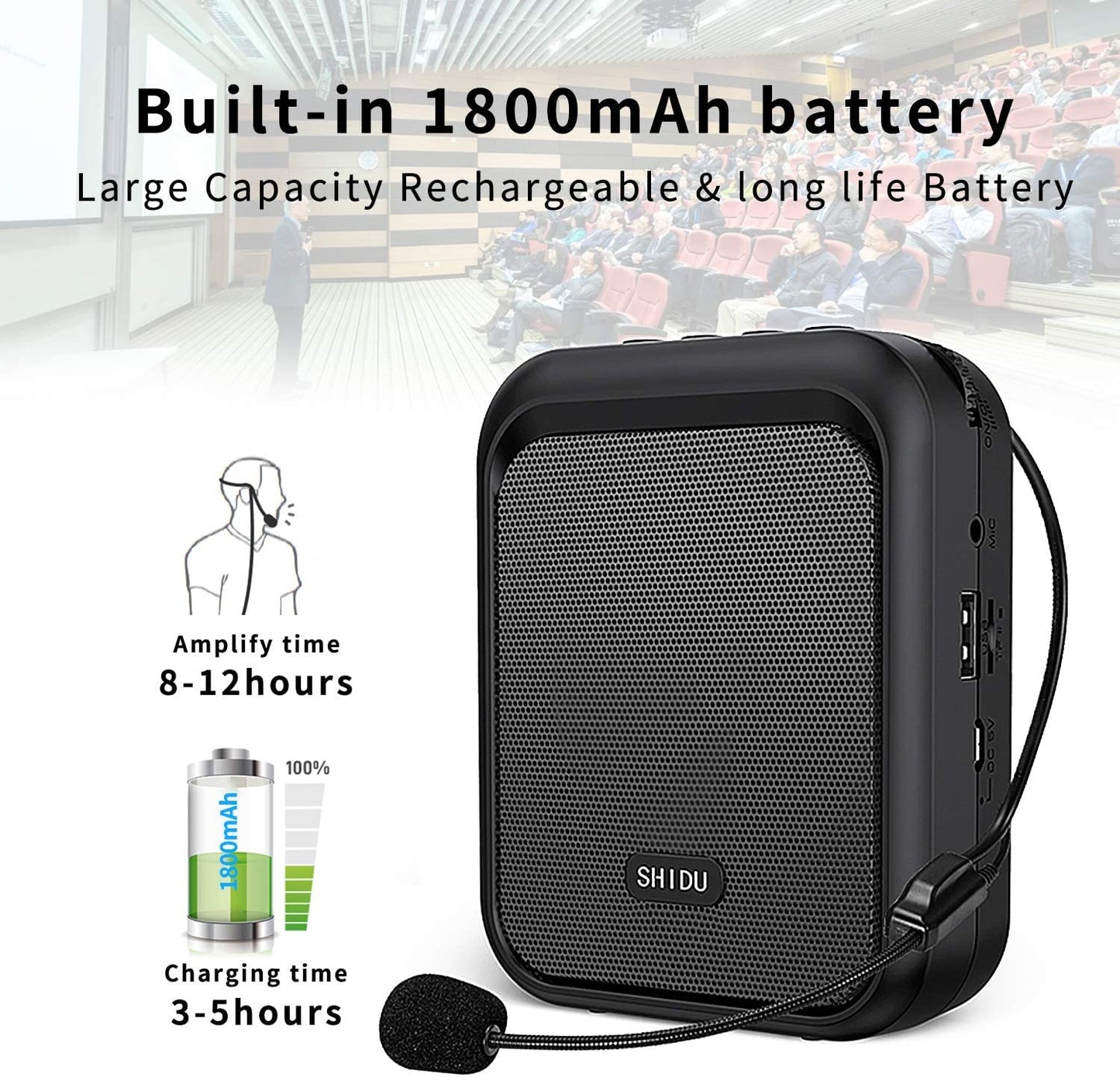 SHIDU Mini Voice Amplifier Portable Rechargeable Bluetooth Speaker with Wired Microphone Headset 10W 1800mAh PA system Supports MP3 Format Audio for Teachers, Coaches, Training, Tour Guide