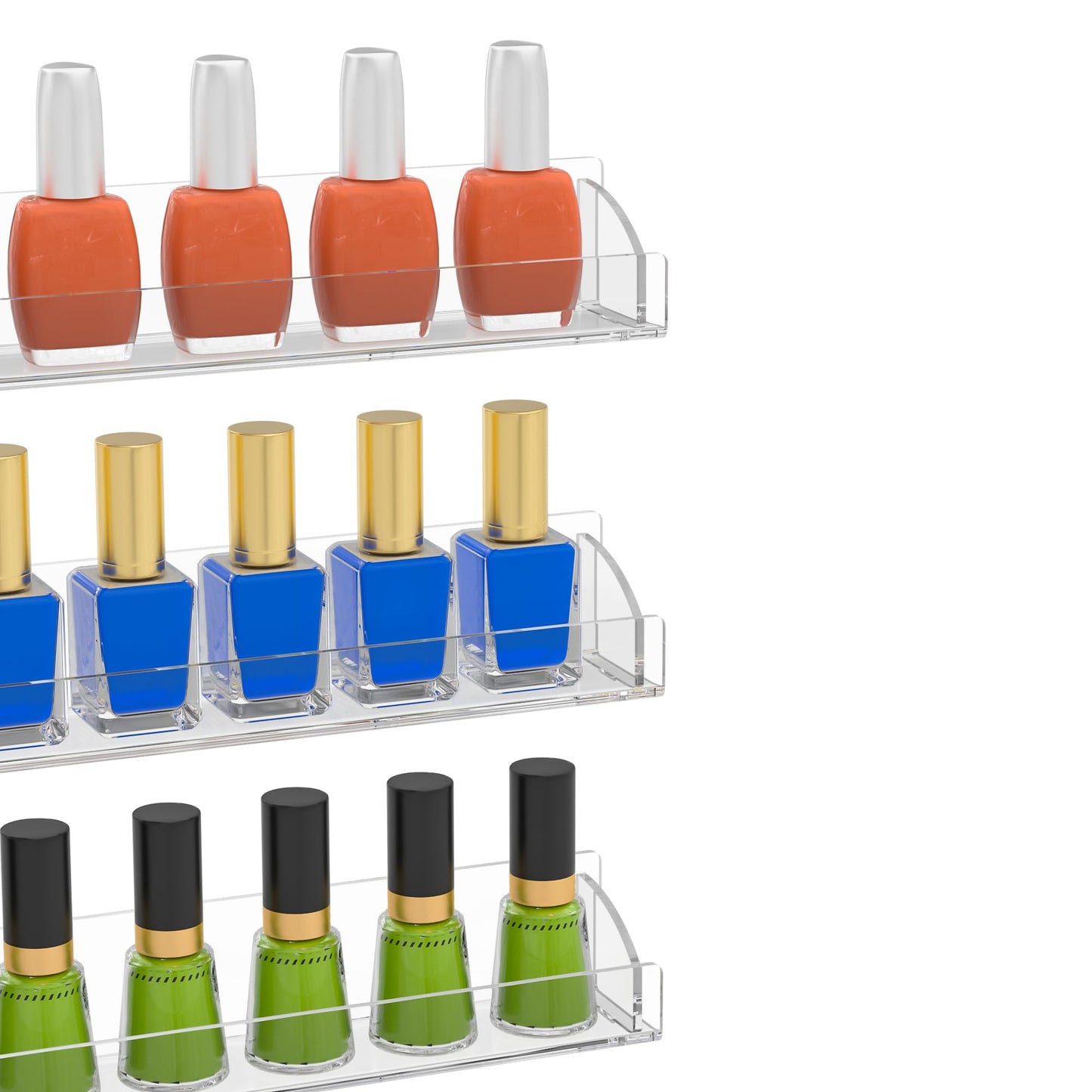 Hexsonhoma 30 Inch Clear Nail Polish Wall Rack with Removable End Caps Set of 6, Acrylic Wall Shelf Bookshelf, Fall-Proof Nail Polish Sorage Shelves for 180 Bottles
