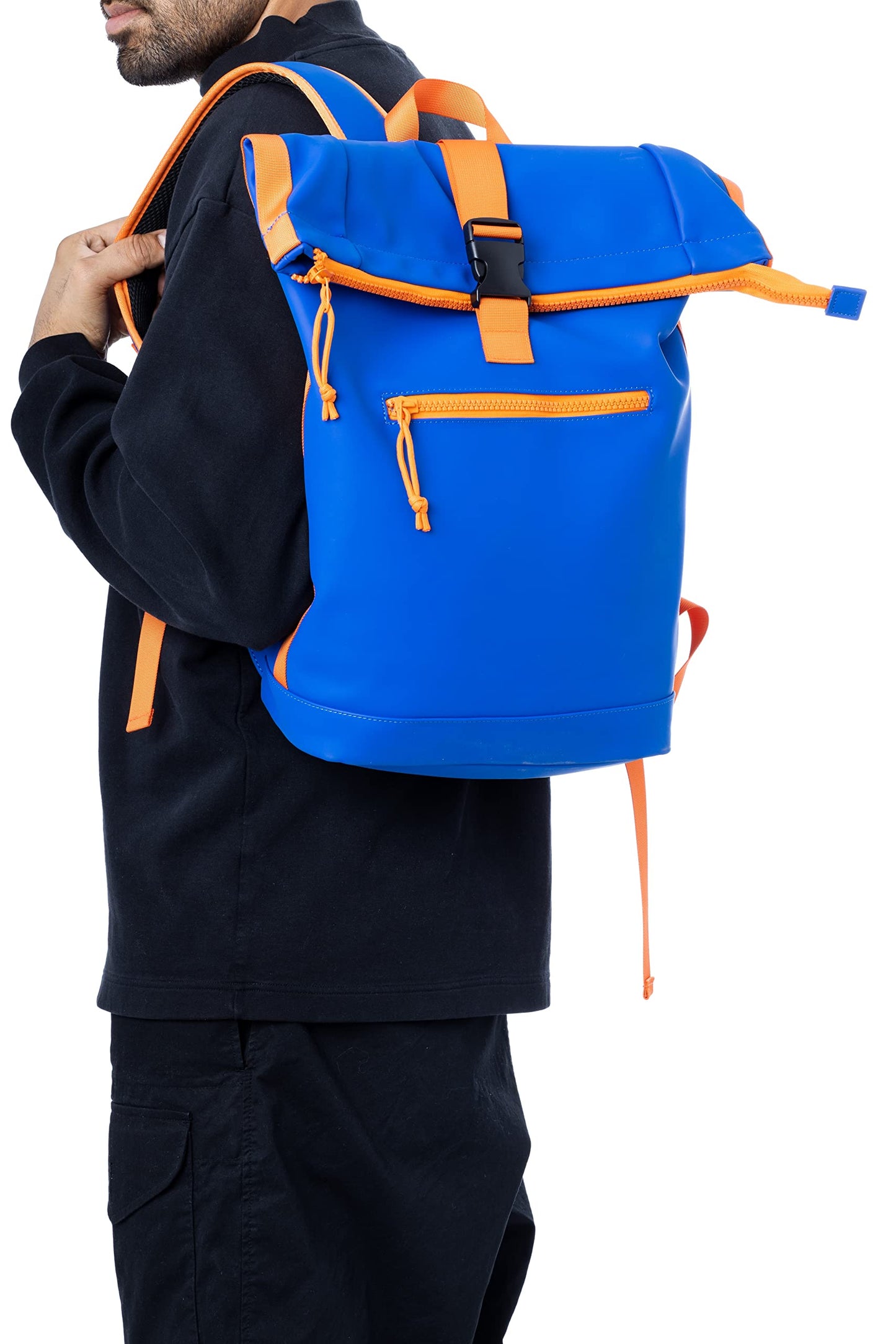 X RAY Roll Top Laptop Backpack for Men Women, PU Leather Expandable Casual Daypack Capacity Adjustable 22L Fits 15.6" Laptop, Royal Blue/Tangerine, One Size