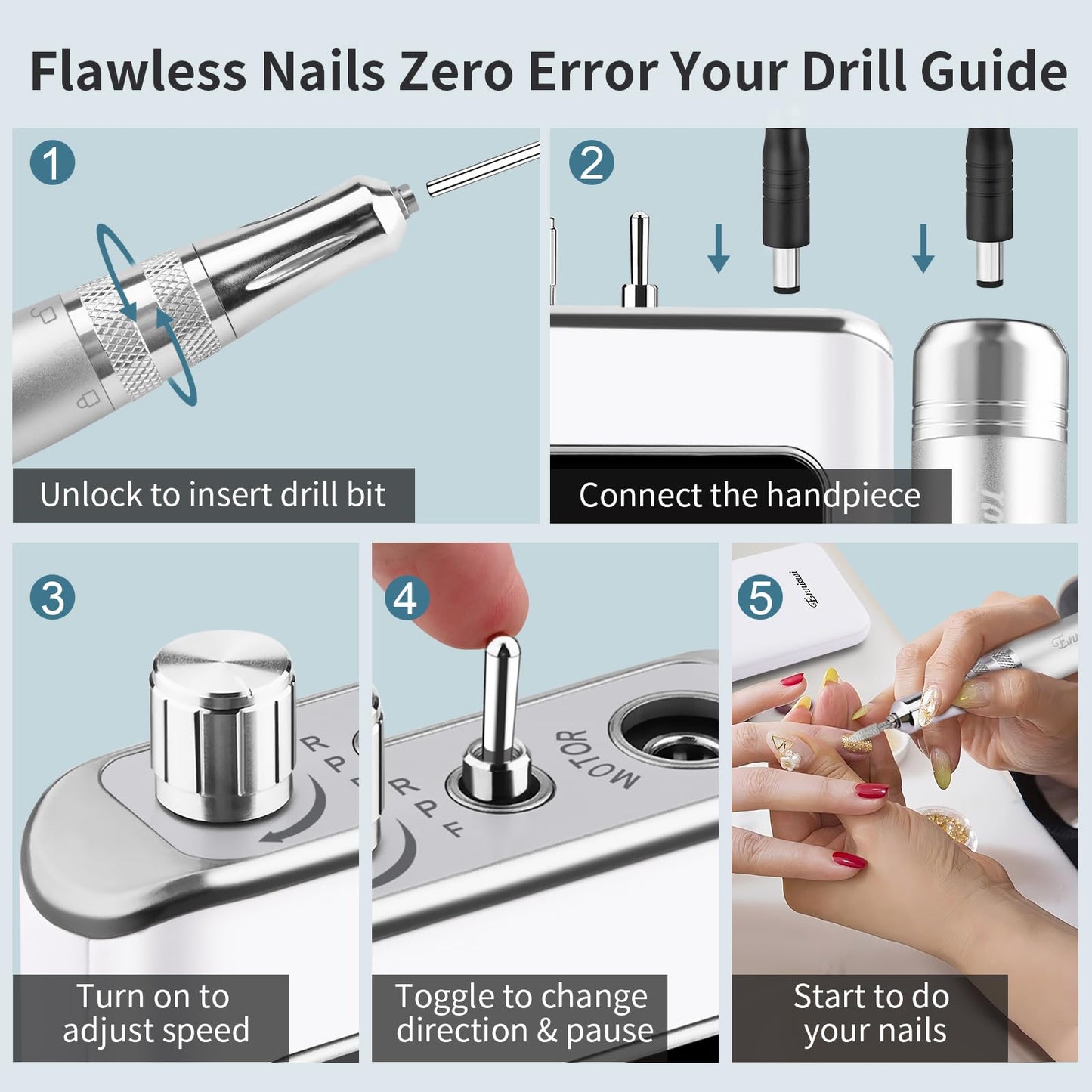 Enniewi 35000RPM Professional Nail Drill with Rechargeable Base Electric Nail Drill Machine with 7 Bits for Removing, Polishing and Shaping Gel / Acrylic Nails for Salon and Home Silver White