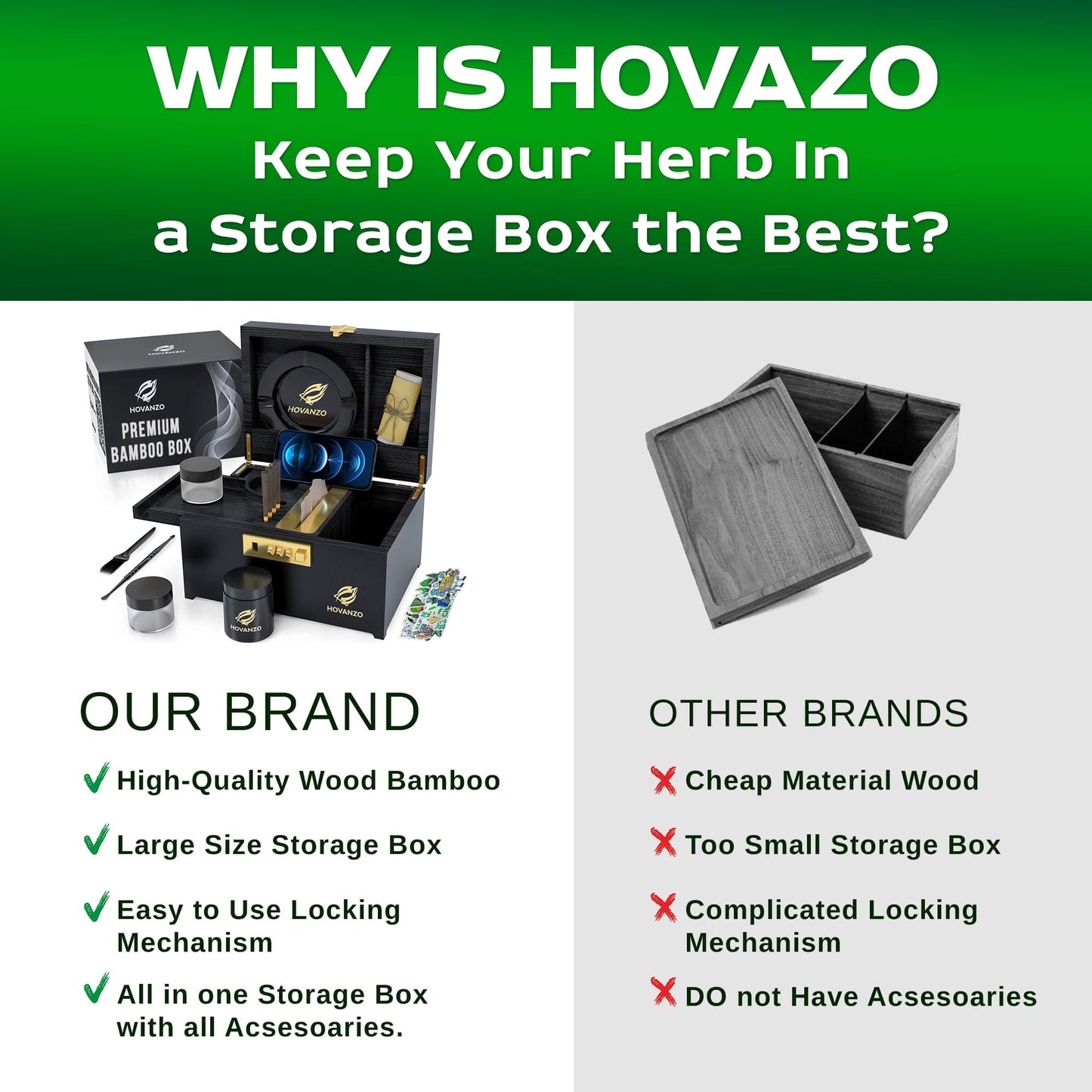 Upgraded Premium Large Bamboo Box - Locking Storage Decorative Box with Combination Lock - Wood Lock Box with lid - Wooden Locking Storage Box with Removable Tray and Jars