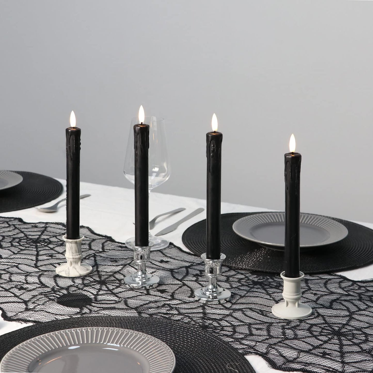 Fanna Black Flameless Taper Candles with 2 Remotes, Real Wax Battery Operated Candles with Timer for Halloween,10" Set of 6