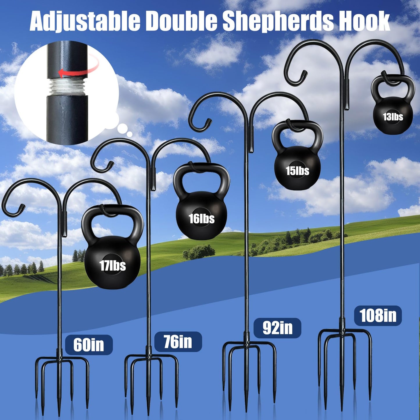 Heavy Double Shepherds Hook for Outdoor:60 Inches Garden Bird Feeder Pole with 5 Prongs, Adjustable Metal Bird Feeder Stand for Plant Solar Lights, poteau Pour Mangeoire Oiseaux (1, 60Inches)