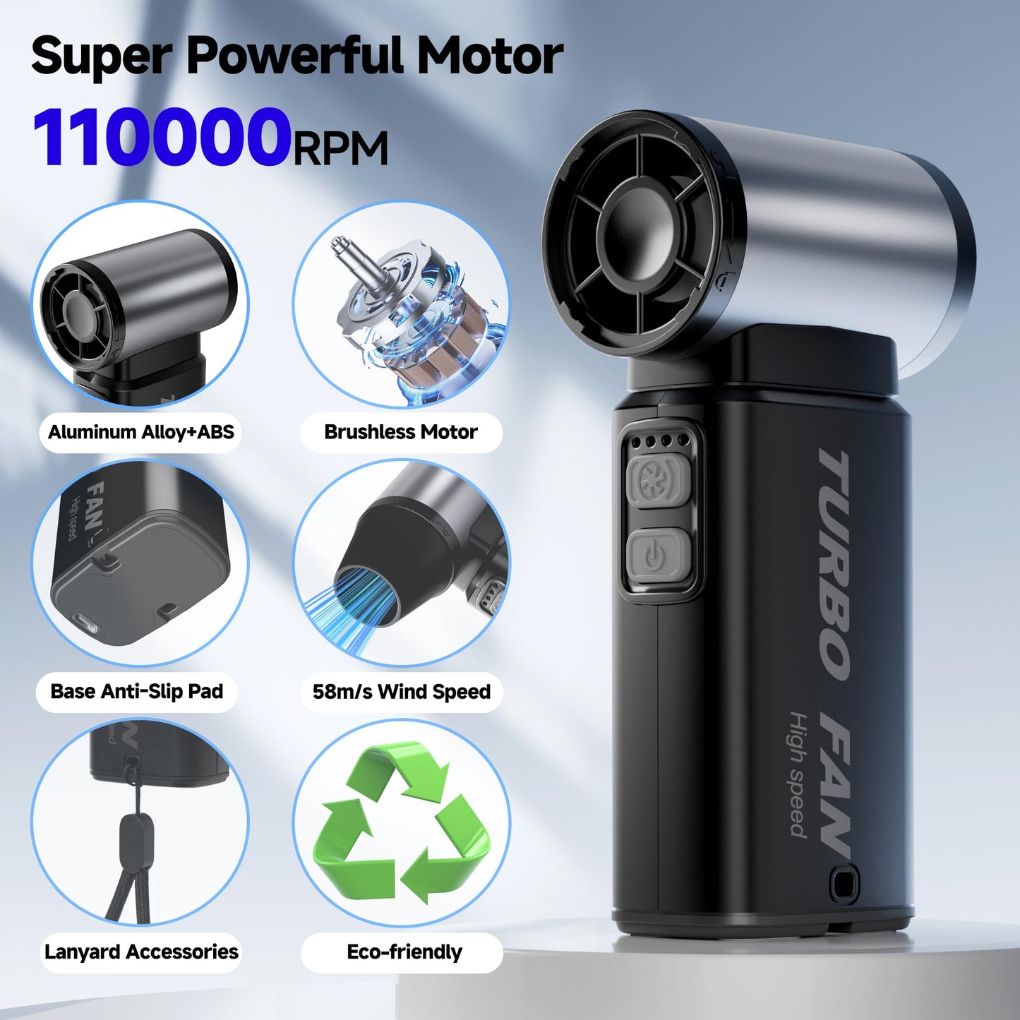 Mini Handheld Turbo Jet Fan & Air Duster, 110000RPM Rechargeable Fast-Charging Blower, 6-Gear Adjustable Electric Air Duster for Keyboard, Computer, Home, Car, Camping