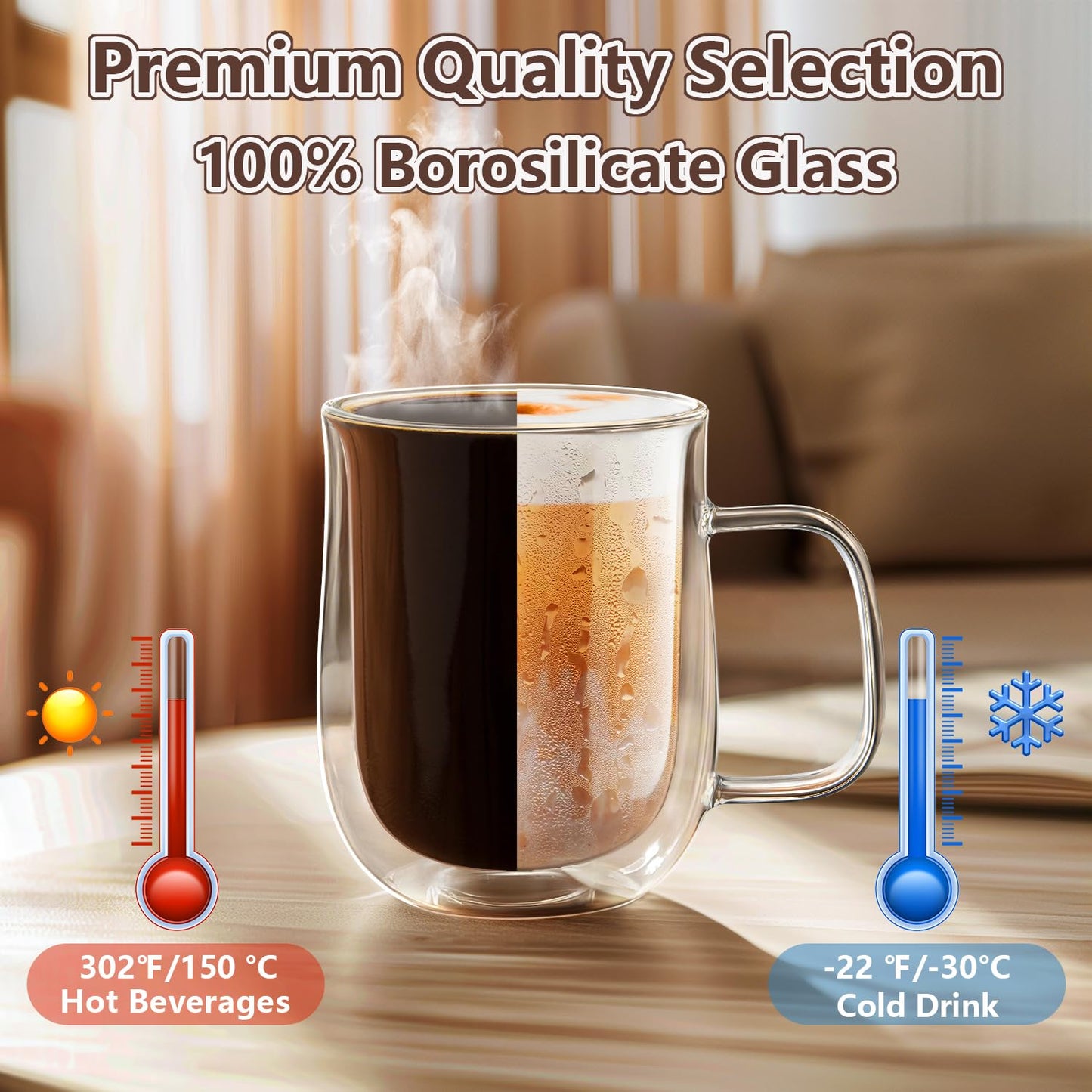 Comfome Double Wall Glass Coffee Mugs, Clear Glass Coffee Mugs Set of 4,Double Insulated Glass Coffee Mug,Glass Mugs for Hot Beverages (12 oz)