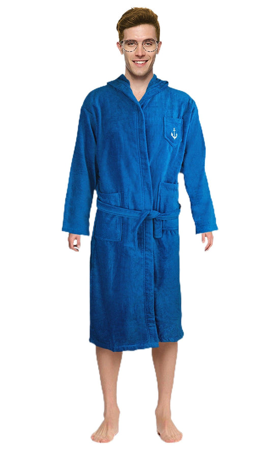 ABSTRACT Cotton Robe - Mens Bathrobe - Terry Cloth Towel Robe for Men/Teens - Hooded Robes with Velour Finish - 100% Cotton, Navy, 14 Years