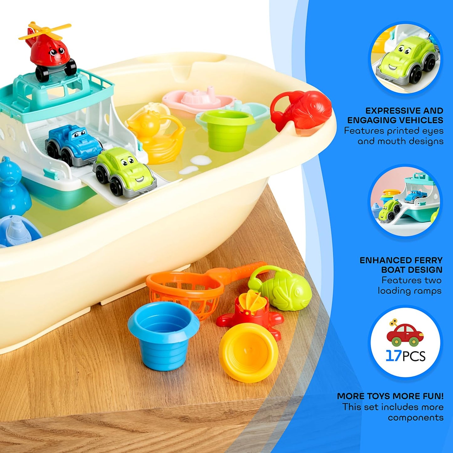 Ferry Boat Toys Set with Helicopter 2 Cars | Baby Bath Toys for Toddlers with Stacking Cups | Baby Water Toy with Bath Boats Train for Girls and Boys