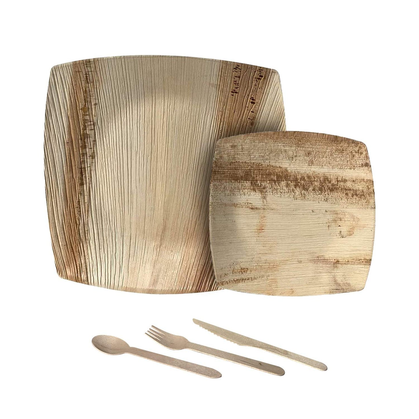 Bio Mart Square Dinnerware Set - Areca Palm Leaf Plates & Cutlery | 10-Inch & 8-Inch Quadrato | 50 Pcs Eco-Friendly Biodegradable & Compostable Dining Kit