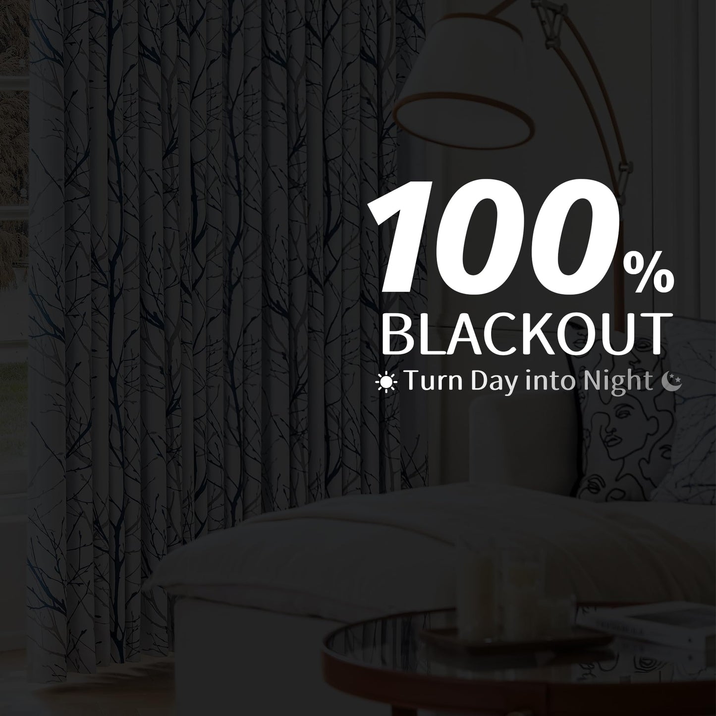 FMFUNCTEX 100% Blackout Curtains for Bedroom, Blue on White Curtains 84 Inches Long for Living Room, Tree Branch Pattern Print Curtain Panels, Thermal Insulated Drapes Grommet Window Curtains 2 Panels