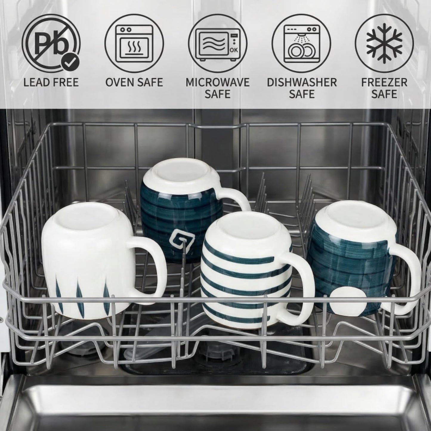 DEAYOU Set of 4 Porcelain Coffee Mugs, 500 ml/17 Oz Ceramic Coffee Cups with Handles, Large Hand-Painted Tea Cups for Cappucino, Milk, Latte, Cocoa, Hot or Cold Drinks, Microwave & Dishwasher Safe