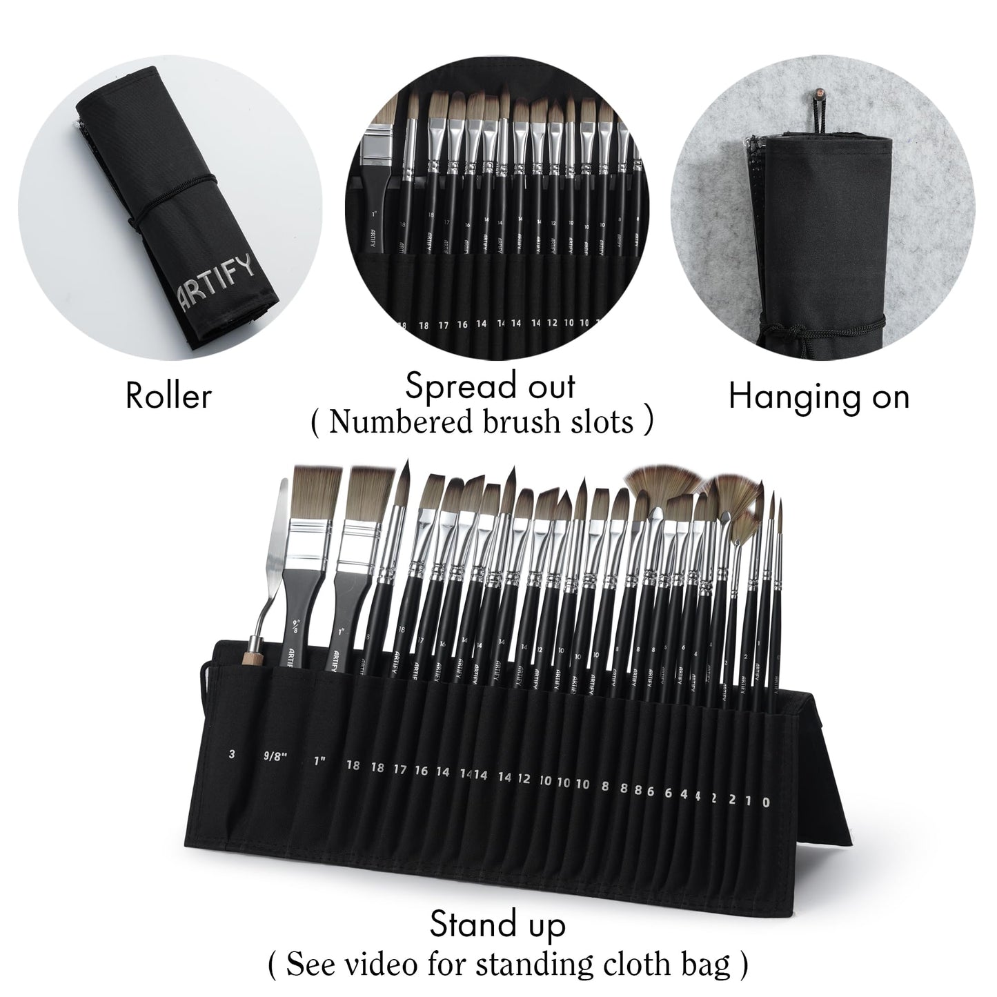 ARTIFY 24 Pieces Paint Brush Set, Expert Series, Enhanced Synthetic Brush Set with Cloth Roll and Palette Knife for Acrylic, Oil, Watercolor and Gouache (Black)