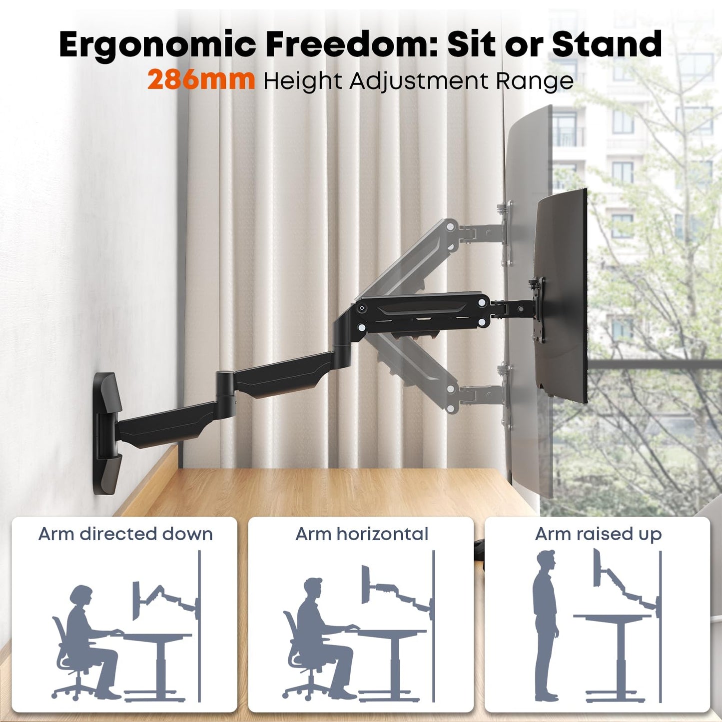 Monitor Wall Mount for 17 to 32 inch Computer Screen, Extra Long Single Wall Mount Monitor Arm, Full Motion Vesa Wall Bracket, VESA 75/100mm, Hold up to 19.8lbs, Black