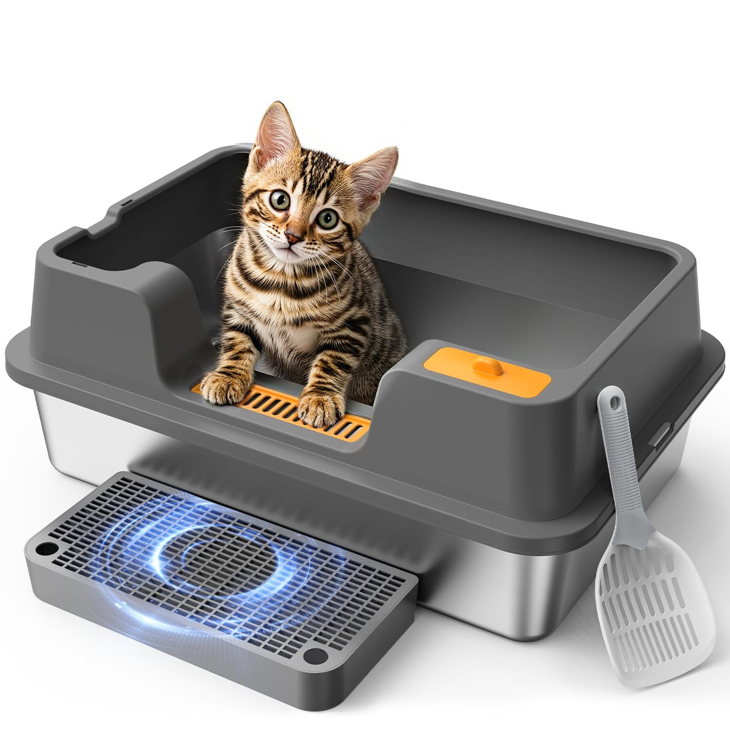 OROLEY Stainless Steel cat Litter Box, Extra Large Size for Big Cats, high-Sided Metal Tray, Leak-Proof, Odor-Resistant, Easy to Clean, Includes Raised Platform and Scoop.