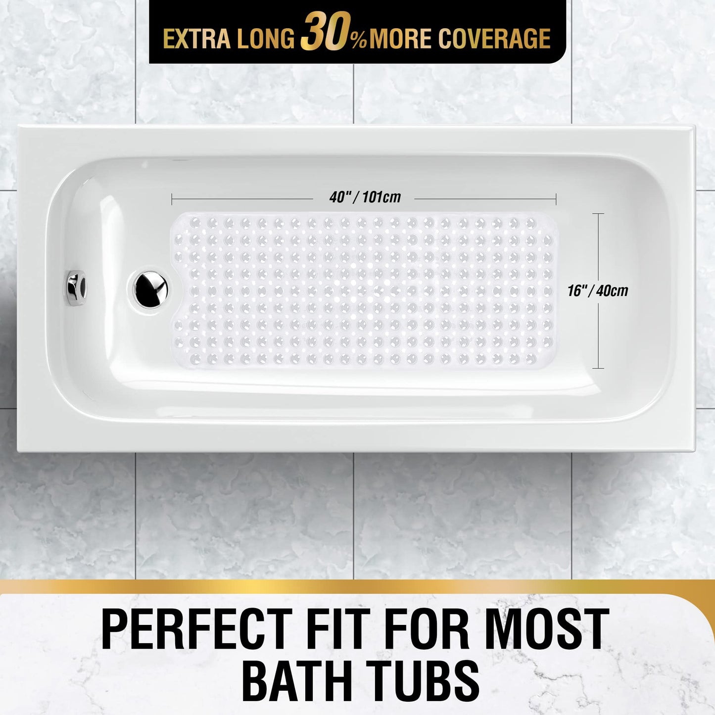 HITSLAM Bath Mat for Tub, 2 Pack Non Slip Bathtub Mat, 101x40cm Extra Long Bath Tub Mat, Machine Washable Bathroom Shower Mat with Suction Cups and Drain Holes, Soft on Feet, Clear