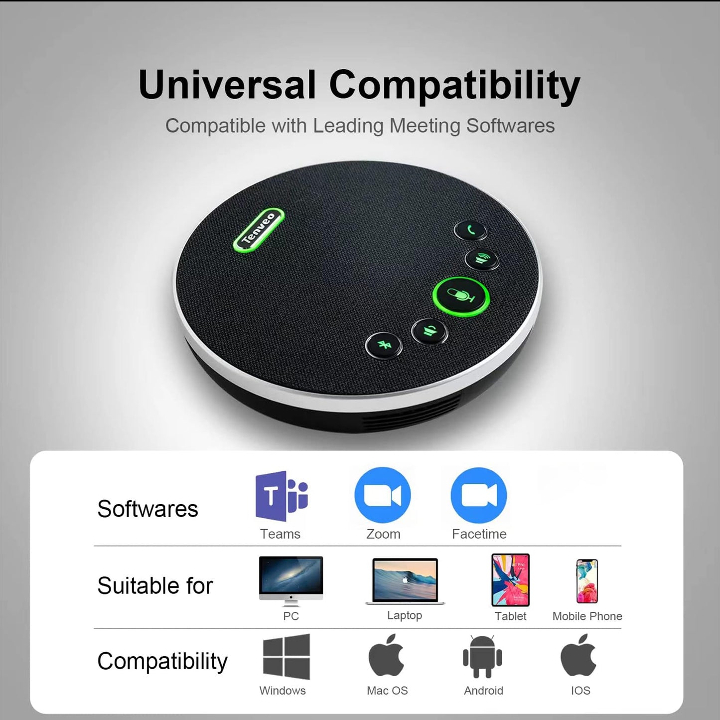 Tenveo Conference Speaker with Microphone, Bluetooth/Wireless/USB omnidirectional Speakerphone Noise Cancelling Conference Call 360° Pickup for OBS Zoom MicroTeams for 10~12 People Online Meeting