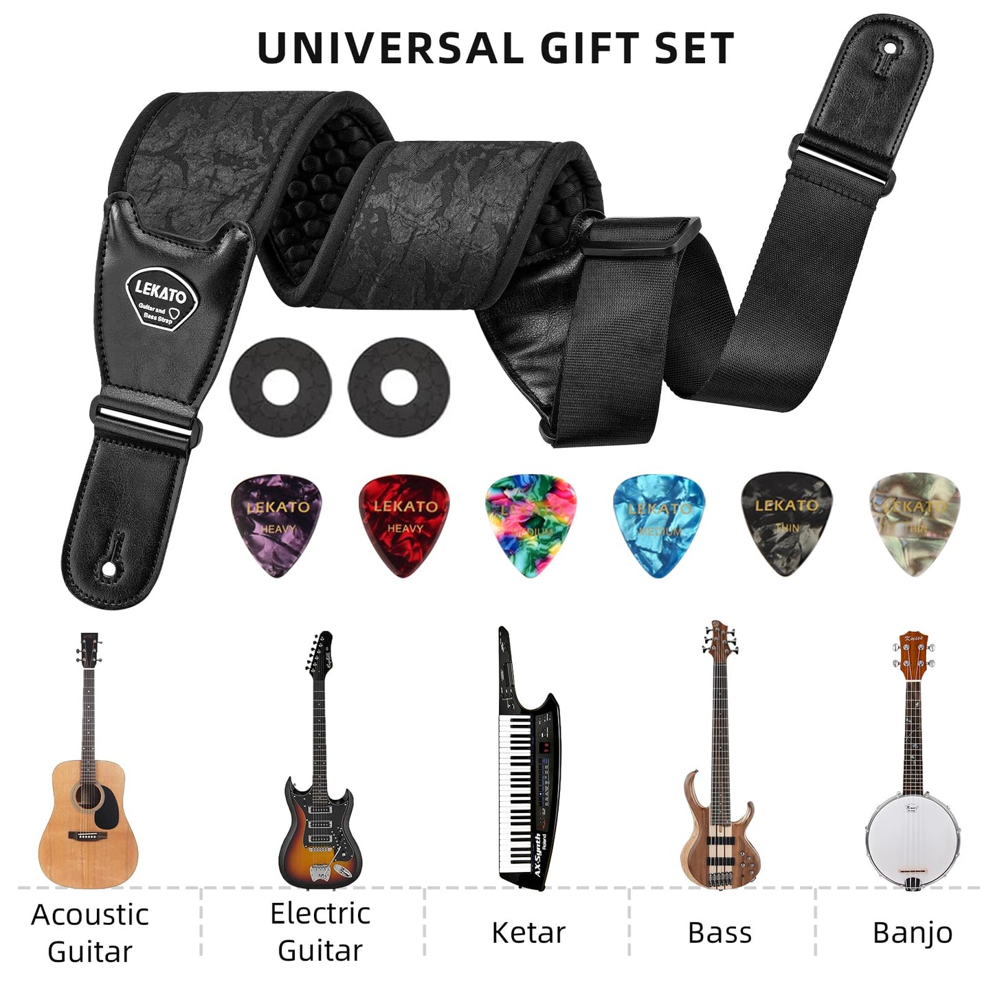 LEKATO Guitar Strap for Electric Guitar Bass, 3.5" Wide Anaglyph Embossed Retro Neoprene Padded Straps with 3D Sponge Filling Adjustable Length from 45" to 55" with Strap Locks and Picks, Black