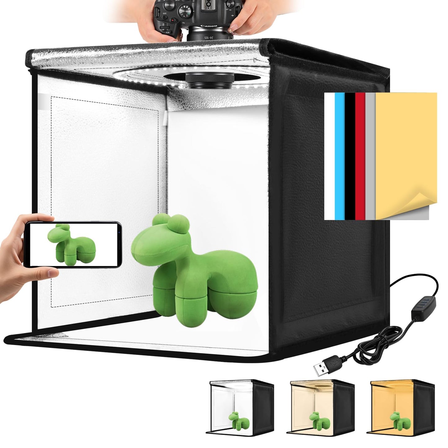 Photo Light Box, 10/12/16/20/24/32 Inch Photography Light Box with CRI>95 120 Light Beads. Dimmable Shooting Tent Kit with White and Warm Light. 6 Color Backdrops Photo Booth for Products Display