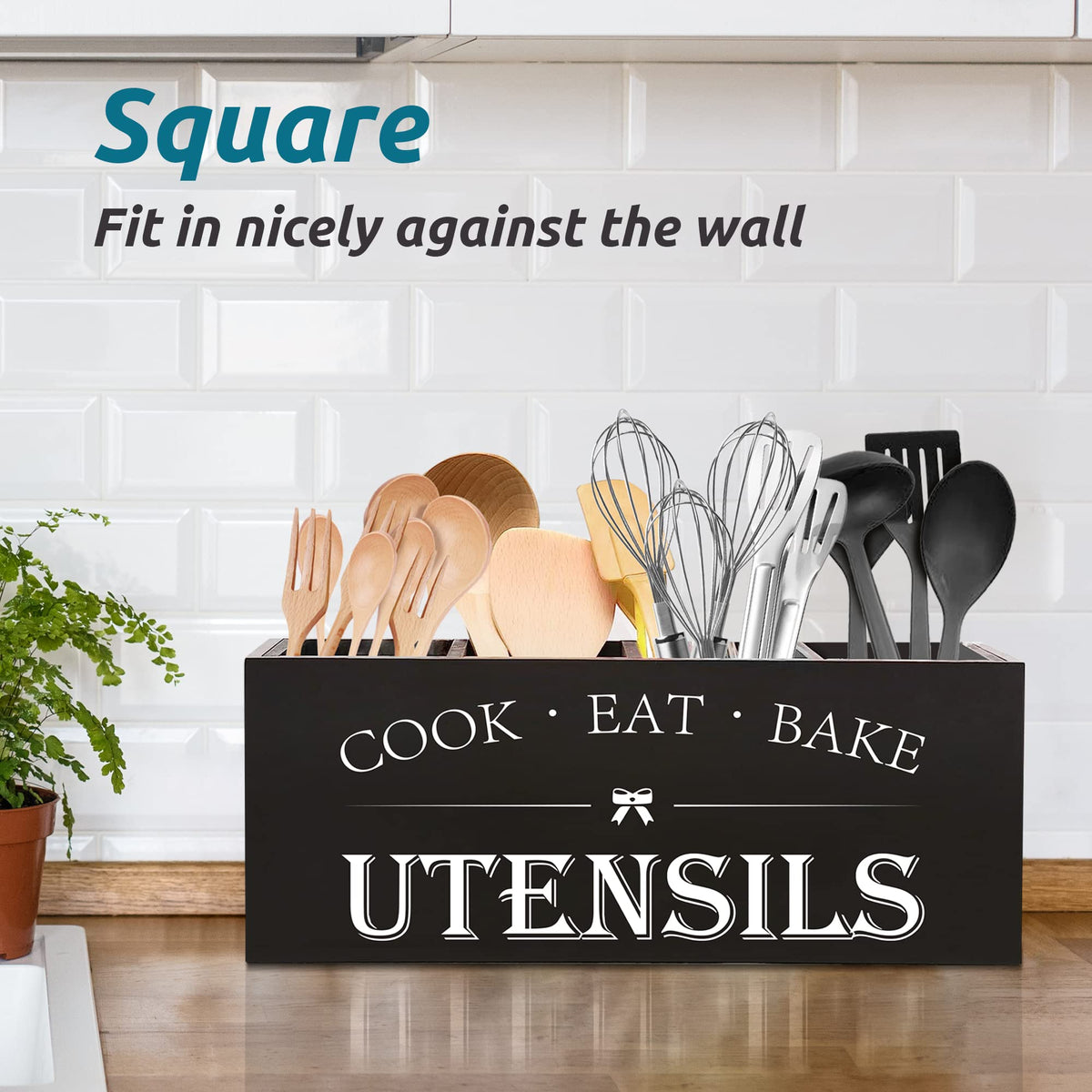 Suli Upgrade Extra Large Kitchen Utensils Holder with 4 Compartments, Wooden Utensil Organizer for Kitchen Countertop, Farmhouse Kitchen Decor, Rustic Cooking Utensil - Black