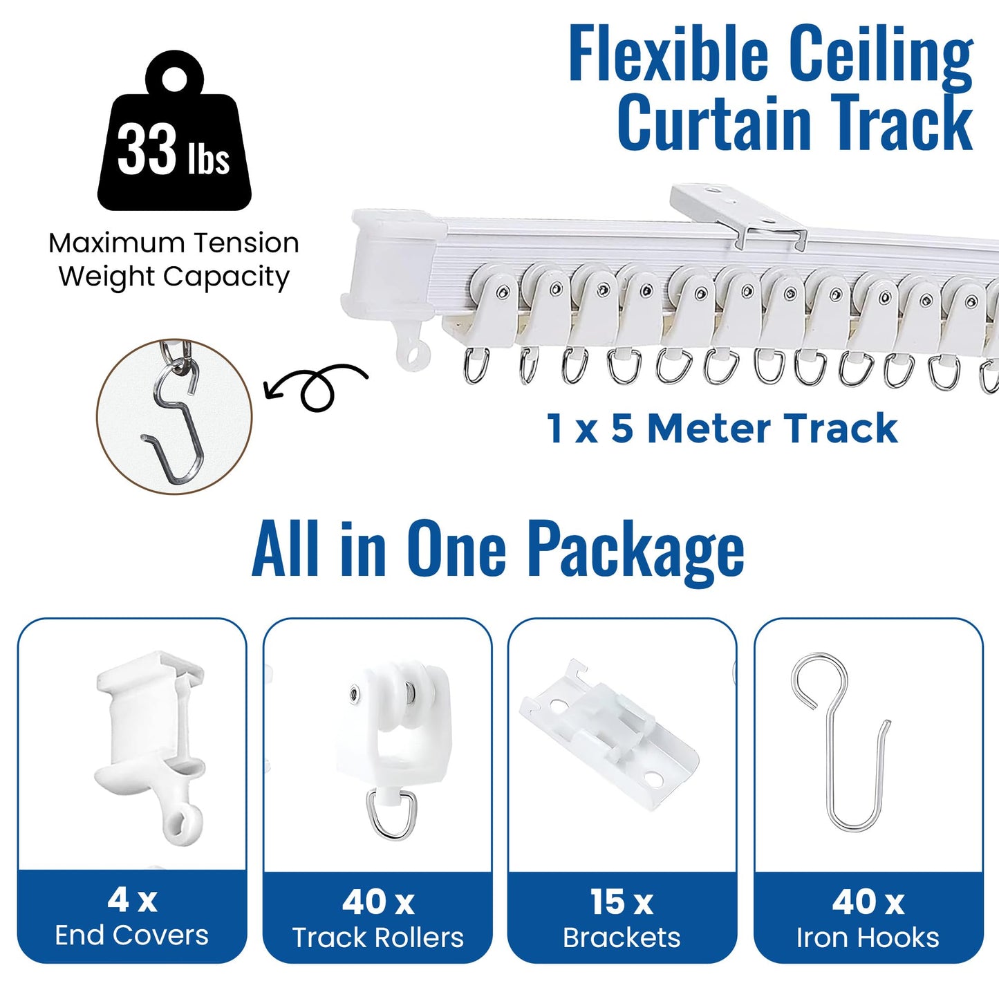 UrbanRed Flexible Bendable Ceiling Curtain Track, 16.4 ft (5 m), Mount for Rail with Curtain Tracks System, Room Divider, Curtains Rod, RV Ceiling Track for Curtains, White