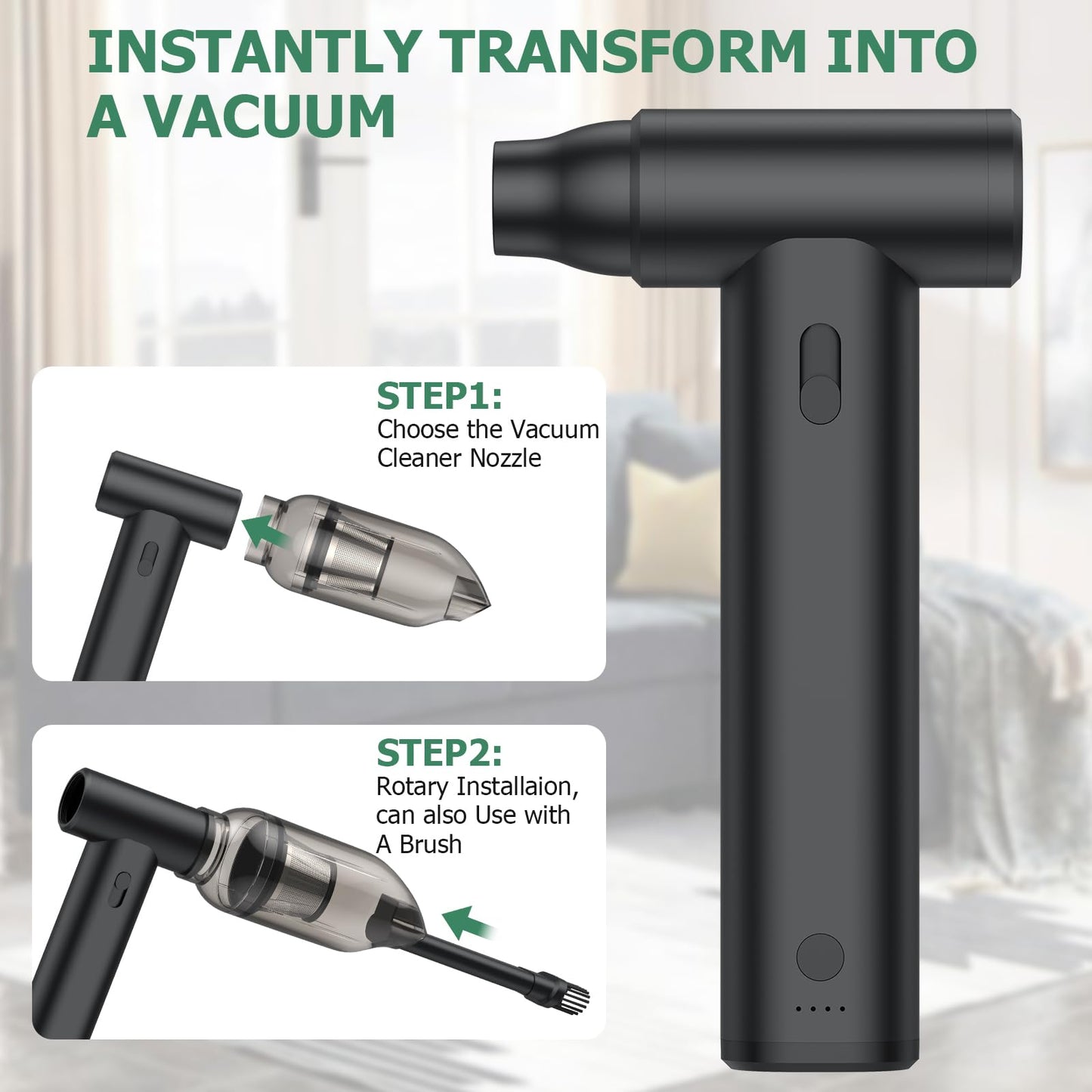 2-in-1 Air Duster and Vacuum Cleaner Cordless Air Blower with Adjustable Speed 37m/s, 4 Removable Nozzles, Rechargeable Mini Blower for Keyboard, PC, Car Cleaning and Outdoor Use