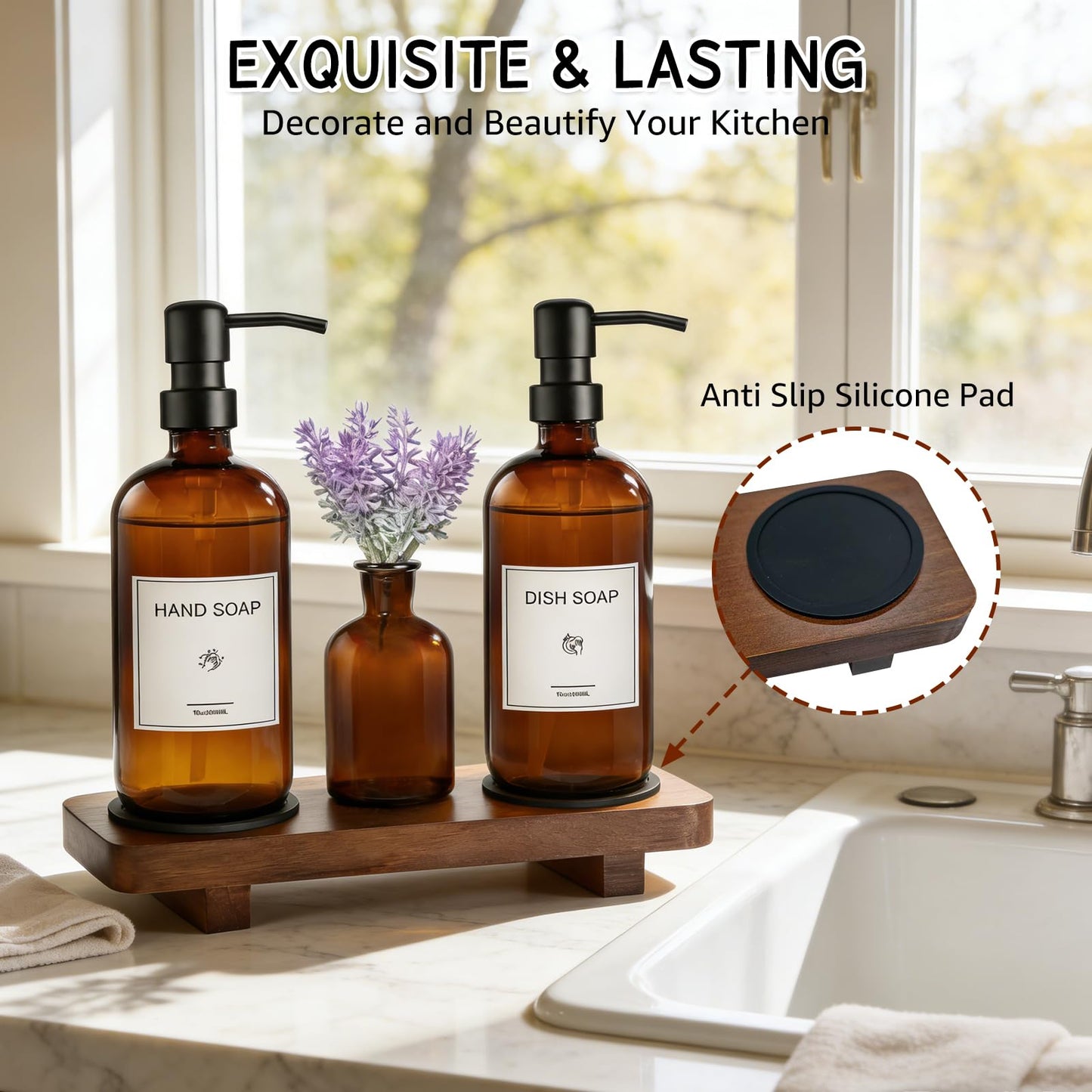 KEYWING Kitchen Soap Dispenser Set with Wood Tray, 16oz Amber Glass Soap Dispensers with Stainless Steel Pumps, Hand and Dish Soap Dispenser Set for Kitchen, Soap and Lotion Dispenser for Bathroom