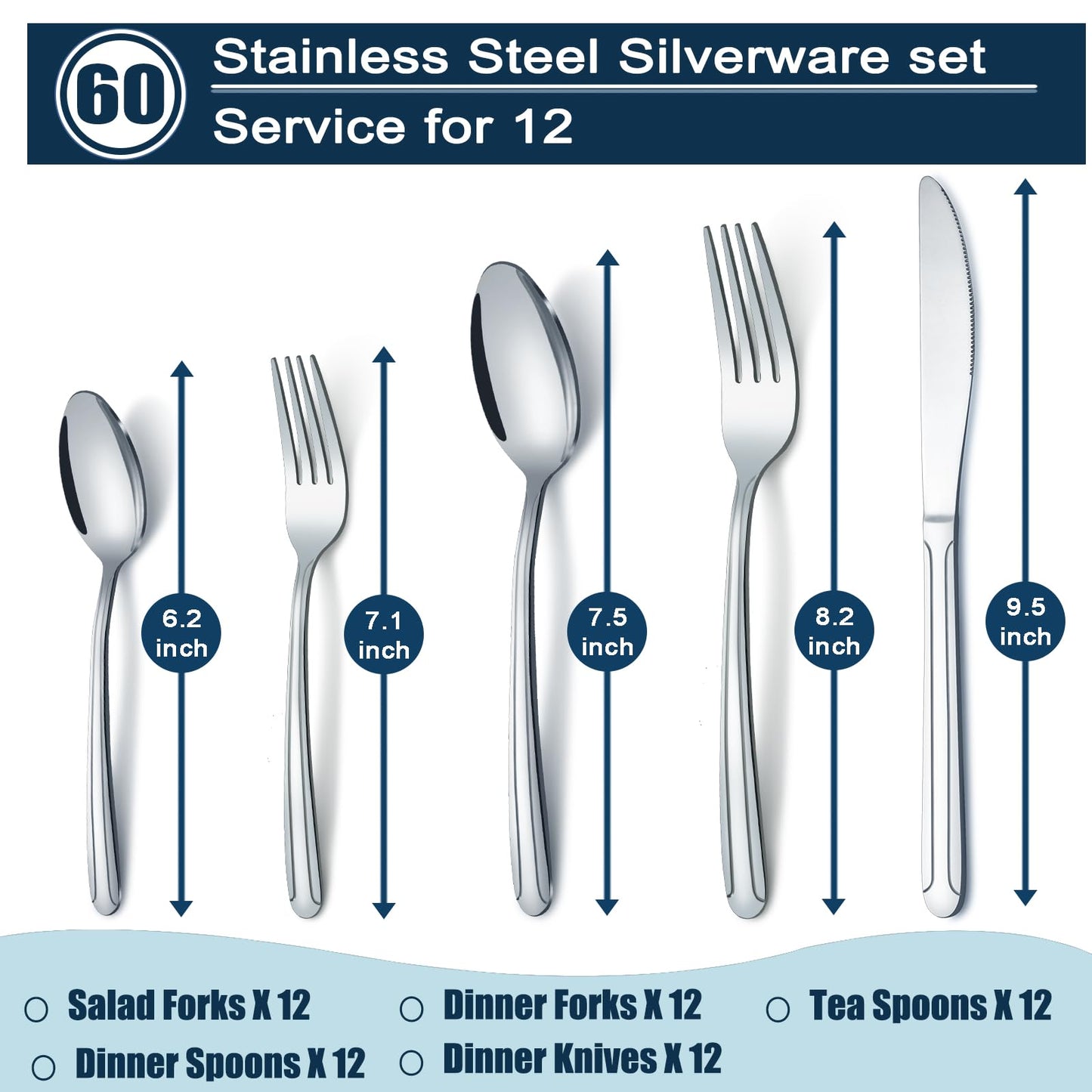 BEWOS 60-Piece Silverware Set, Stainless Steel Silverware Sets for 12, Forks Spoons and Knives Set, Cutlery Set, Mirror Polished Flatware Set, Dishwasher Safe Kitchen Utensils Set for Home, Restaurant