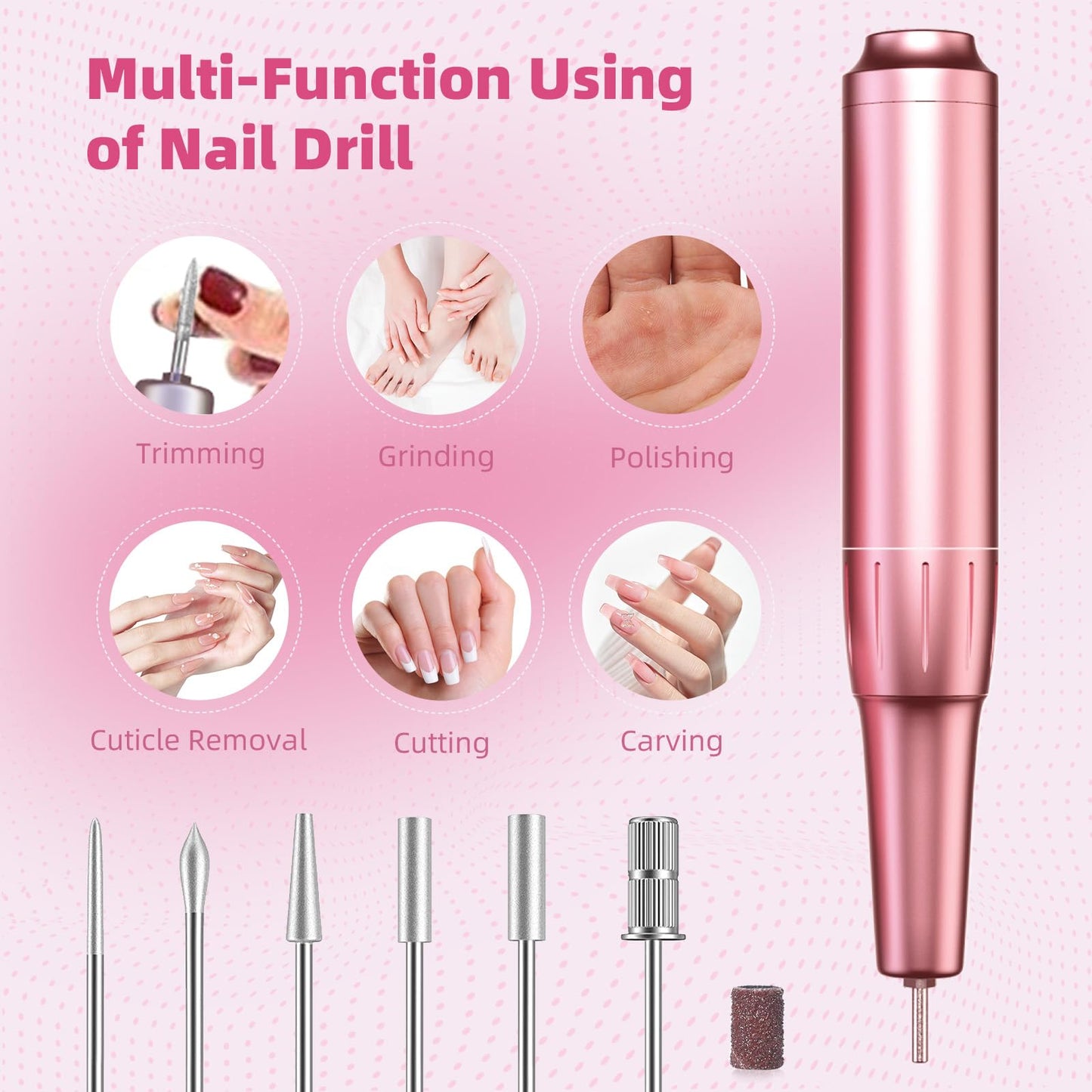 KNASNPI Professional Electric Nail Drill 50000 RPM High Speed with Smart Adjustment, Nail Salon & Home Use Kit, 6 Grinding Heads & Extended Runtime