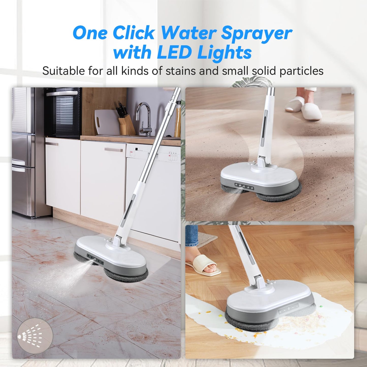 Cordless Electric Mop, Dual Motor Powerful Spin Mop 2000 mAh, Floor Polisher,1H Rechargeable Power Mops with LED Light/Water Sprayer, Electric Mops for Floor Cleaning for Hardwood, Tile, Rotate 180°