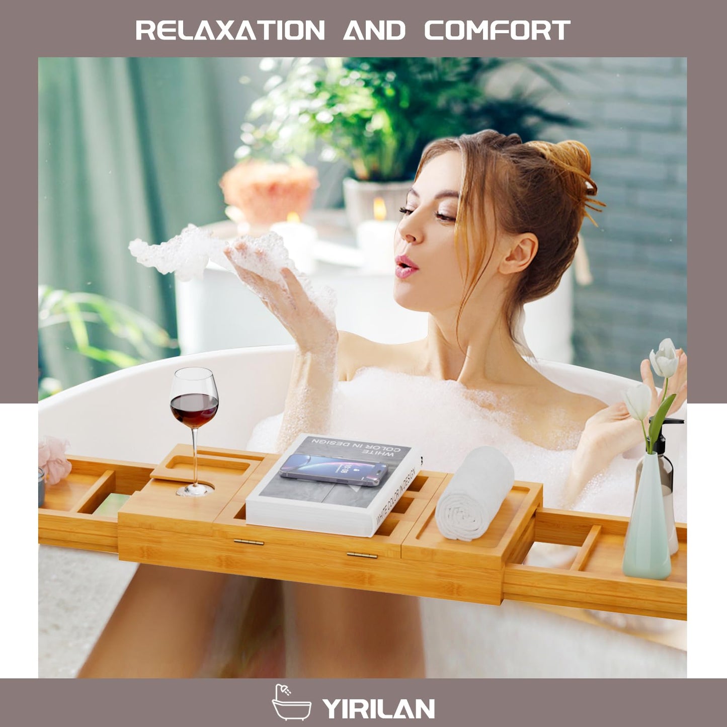 Yirilan Bamboo Bathtub Tray, Expandable Bath Tray for Tub, Bathroom Trays for Bathtub, Bathtub Caddy, Gift for Loved Ones (Bamboo)