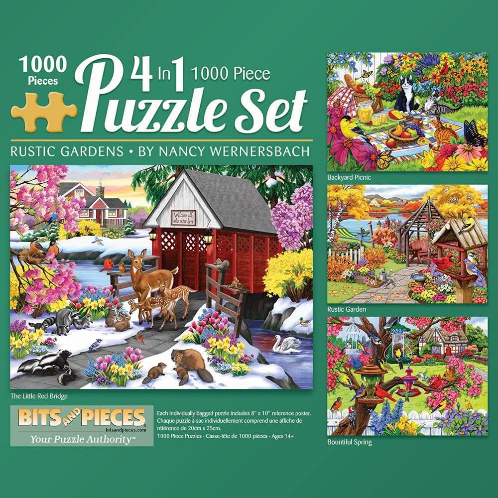 Bits and Pieces - 4-in-1 Multi-Pack - 1000 Piece Jigsaw Puzzles for Adults-Each Measures 20" x 27" (51cm x 69cm)-Rustic Garden by Artist Nancy Wernersbach