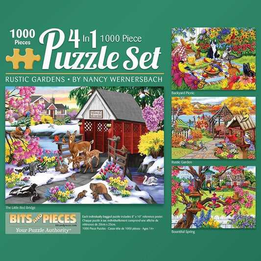 Bits and Pieces - 4-in-1 Multi-Pack - 1000 Piece Jigsaw Puzzles for Adults-Each Measures 20" x 27" (51cm x 69cm)-Rustic Garden by Artist Nancy Wernersbach