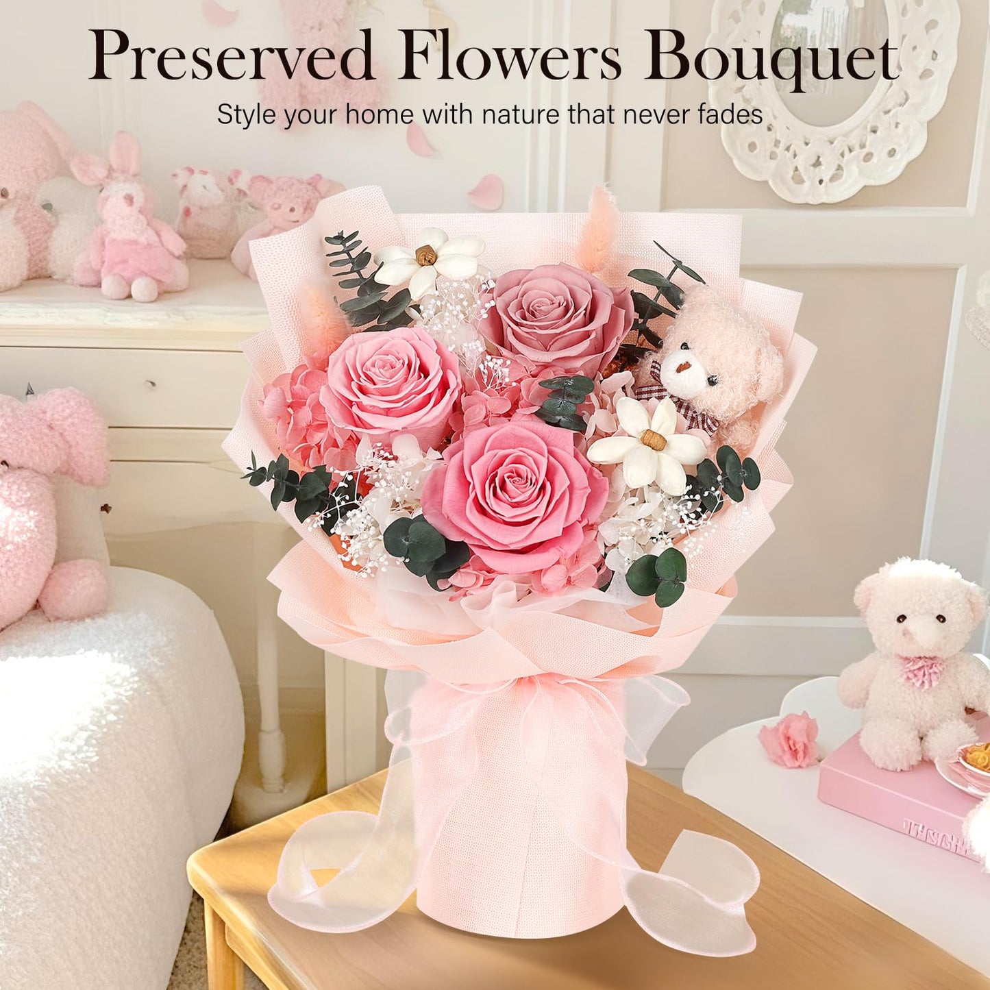 Preserved Flowers Bouquet with Bear, 3 Real Forever Flowers for Delivery, Long-Lasting Pink Eteranl Roses Bouquet, Anniversary Birthday Graduation Gifts for Women Girlfriend Her Mom Grandma