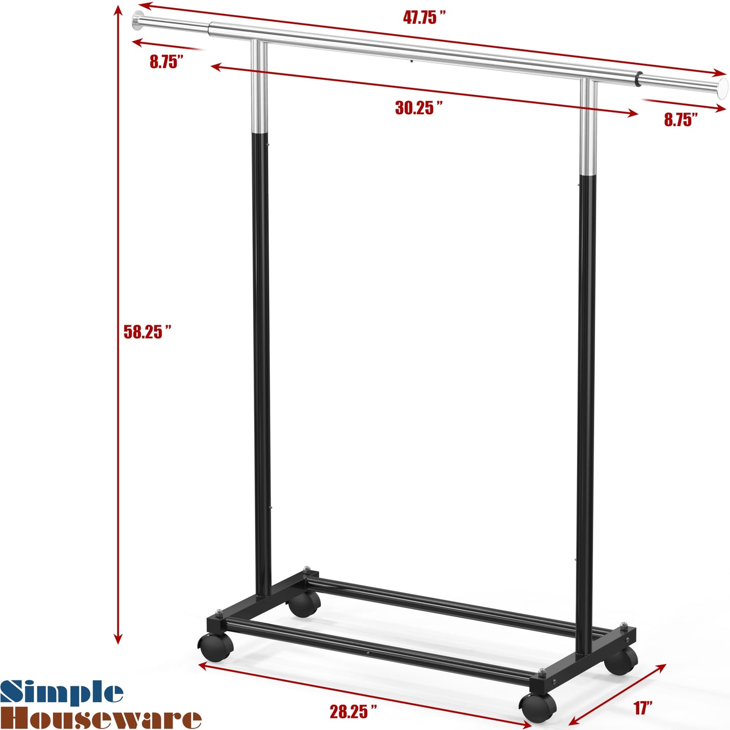 Simple Houseware Standard Rod Garment Rack - Extendable Single Rail Rolling Clothing Organizer for Bedroom, Laundry, Living Room, Black