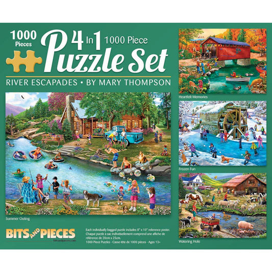Bits and Pieces - 4-in-1 Multi-Pack - 1000 Piece Jigsaw Puzzles for Adults-Each Measures 20" x 27" (51cm x 69cm)-River Escapades by Artist Mary Thompson